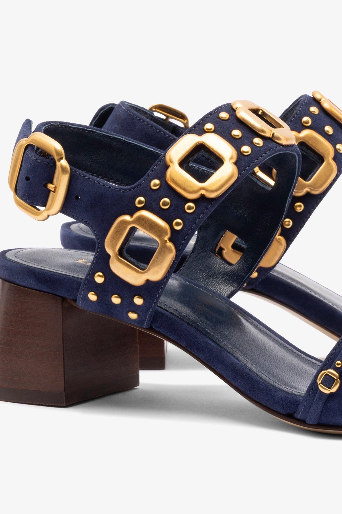Milan Studs Block Heel Sandals for Women - Navy Blue Suede Shoes | Comfortable & Stylish for Casual Outings, Parties & Office Wear