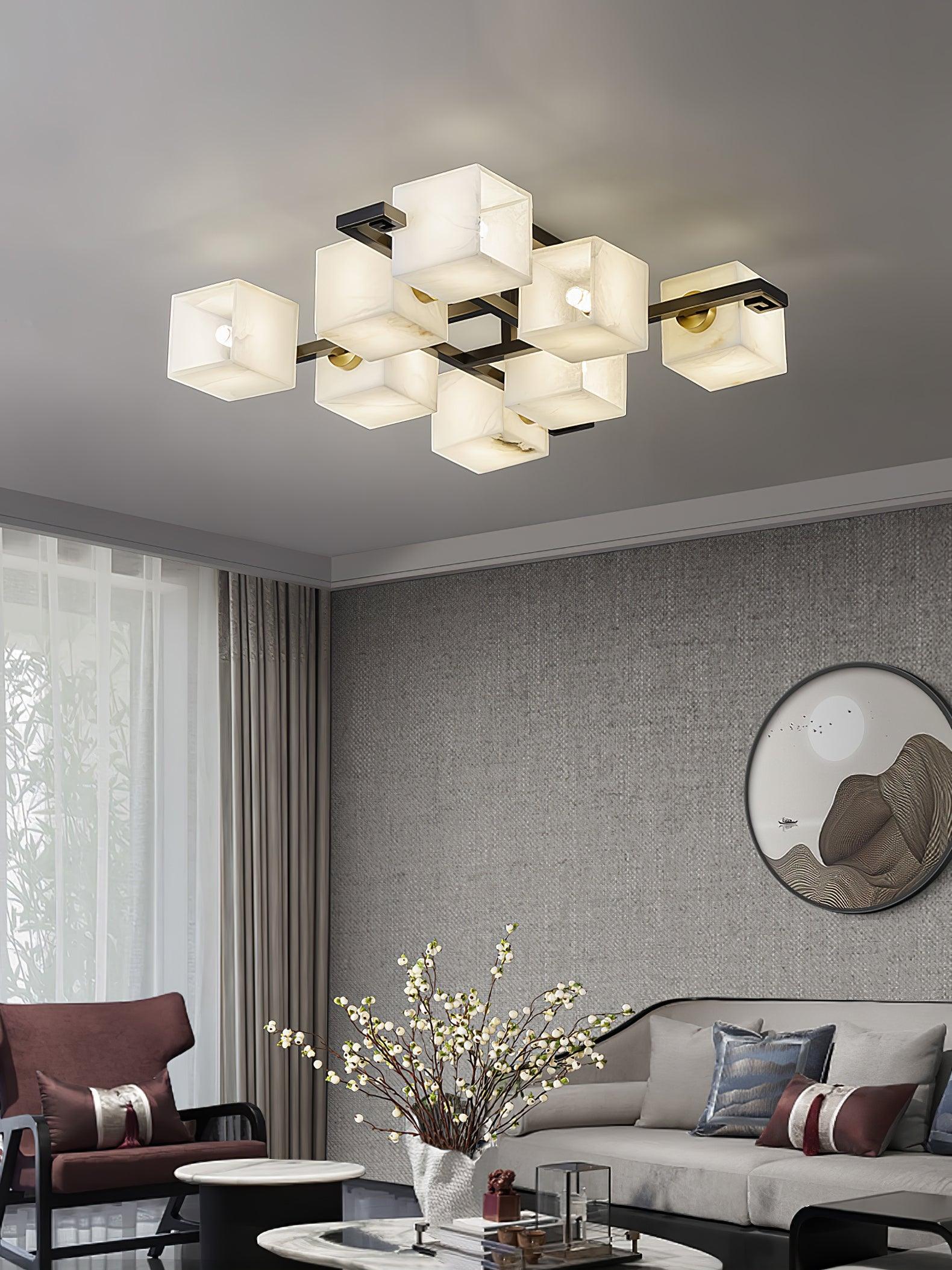Modern Cubist Alabaster Cluster Ceiling Light - Geometric Chandelier for Dining Room, Living Room & Bedroom - Elegant Minimalist Lighting for Home Decor