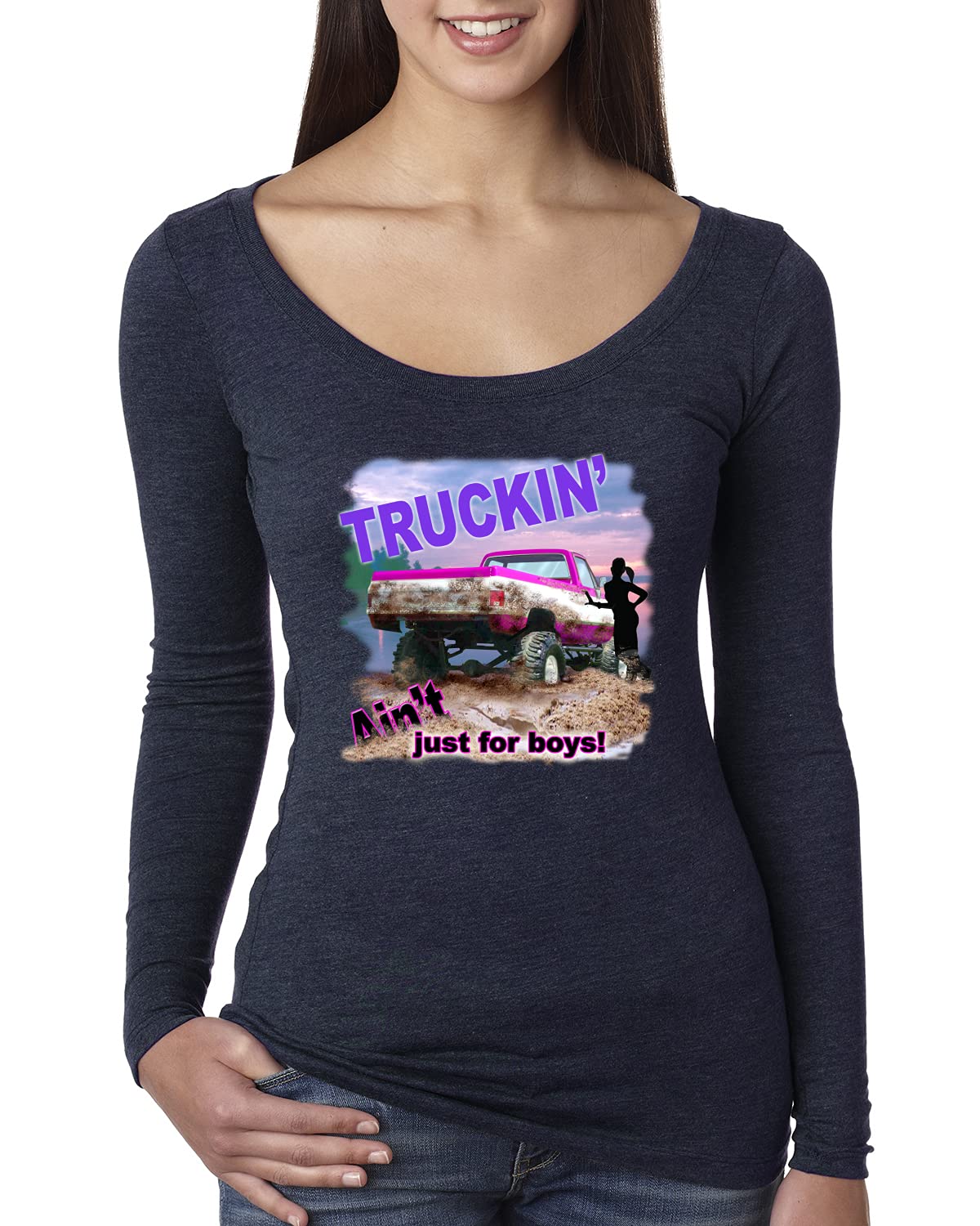 Wild Bobby Truckin Ain't Just for Boys - Women's Long Sleeve Scoop Neck T-Shirt with Cars & Trucks Design | Casual Wear, Road Trips, Truck Enthusiast Fashion