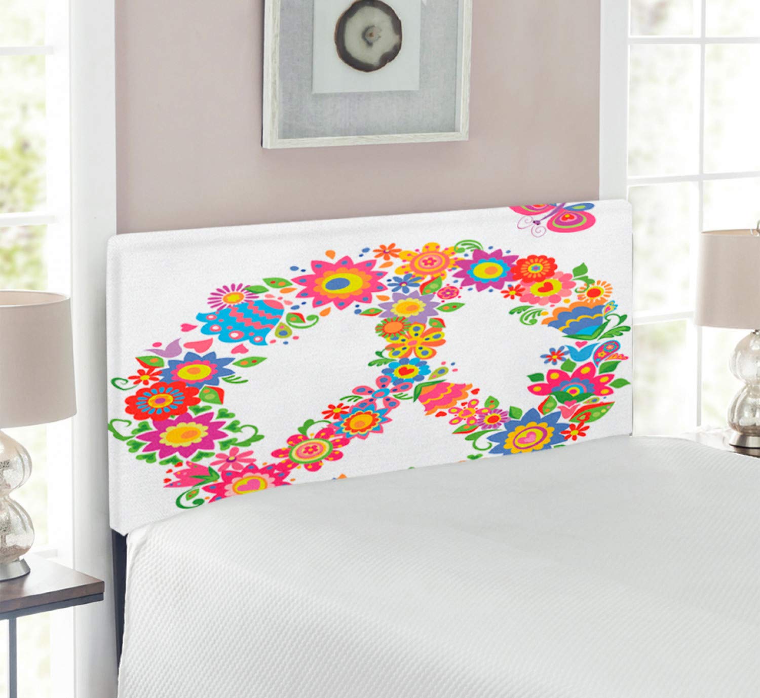 Ambesonne Groovy Upholstered Headboard with Memory Foam - Twin Size Colorful Peace Flower Design for Bedroom Decor | Equality & Peaceful World Theme | Perfect for Modern, Bohemian & Eclectic Bedrooms