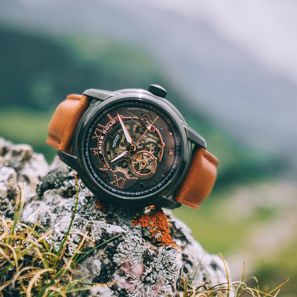 Aries Gold El Toro Black Skeleton Dial Men's Watch with Brown Leather Strap - Model G 9005A BK BK - Perfect for Business, Formal Events & Luxury Gift Giving