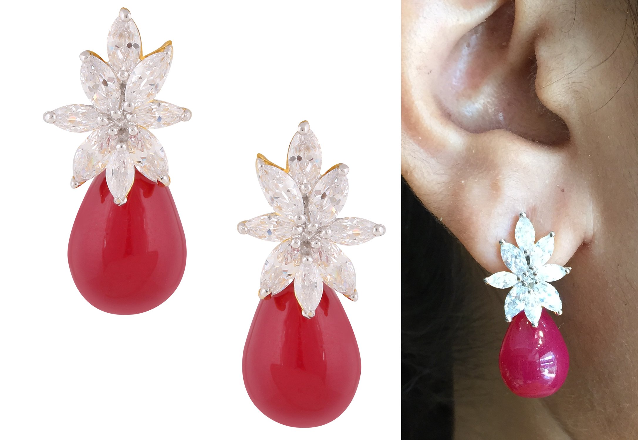 Zircon Floral Stud Statement Earrings for Women - Elegant Red Crystal Flower Dangle Earrings | Perfect for Parties, Weddings & Date Nights