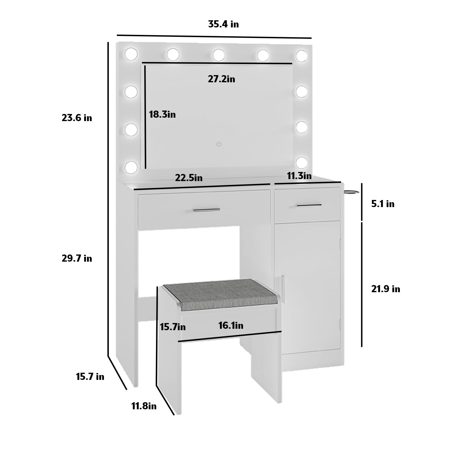 Vanity Desk with Mirror, Large Drawer & Built-in Power Outlet - 11 LED Bulbs with 3 Adjustable Lighting Modes, White Makeup Dressing Table for Bedroom | Perfect for Makeup Application, Skincare Routine & Home Decor