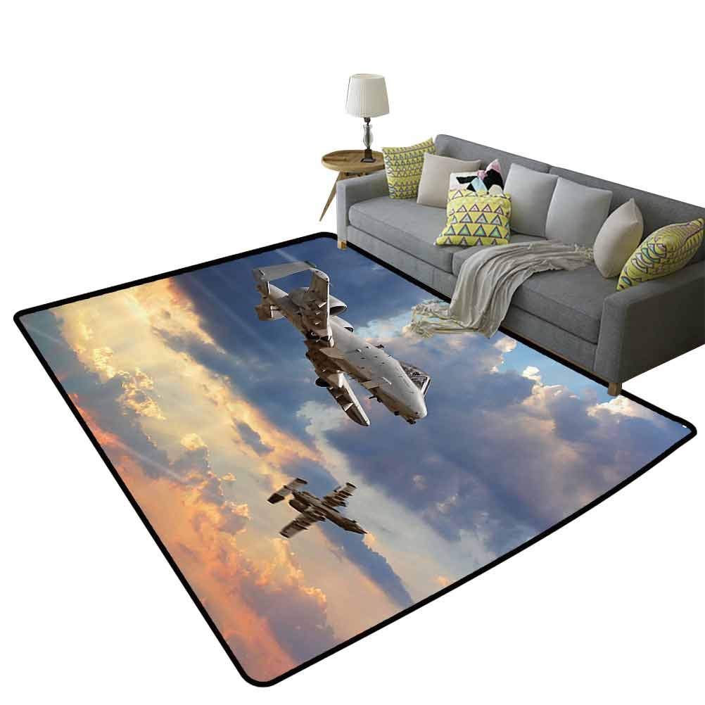 Military Airplane Themed Door Mat - 5'x8' (150x240cm) Polyester Rubber Non-Slip Rug with Jet Fighter Design in Blue & Silver - Perfect for Aviation Enthusiasts, Man Cave Decor, or Military Gift Idea