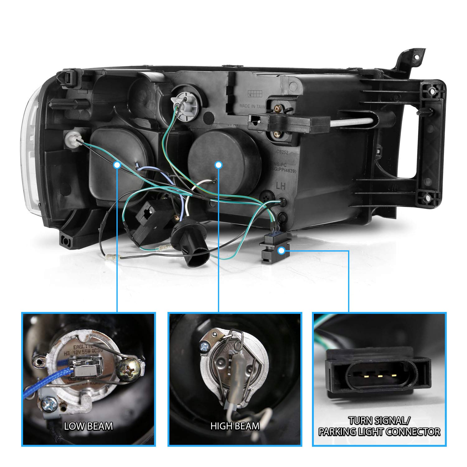 AmeriLite Black Dual LED Halo Rings Projector Headlights Replacement Pair for 2002-2005 Dodge RAM 1500 2500 3500 Truck - Driver & Passenger Side | High Visibility Night Driving & Off-Road Use
