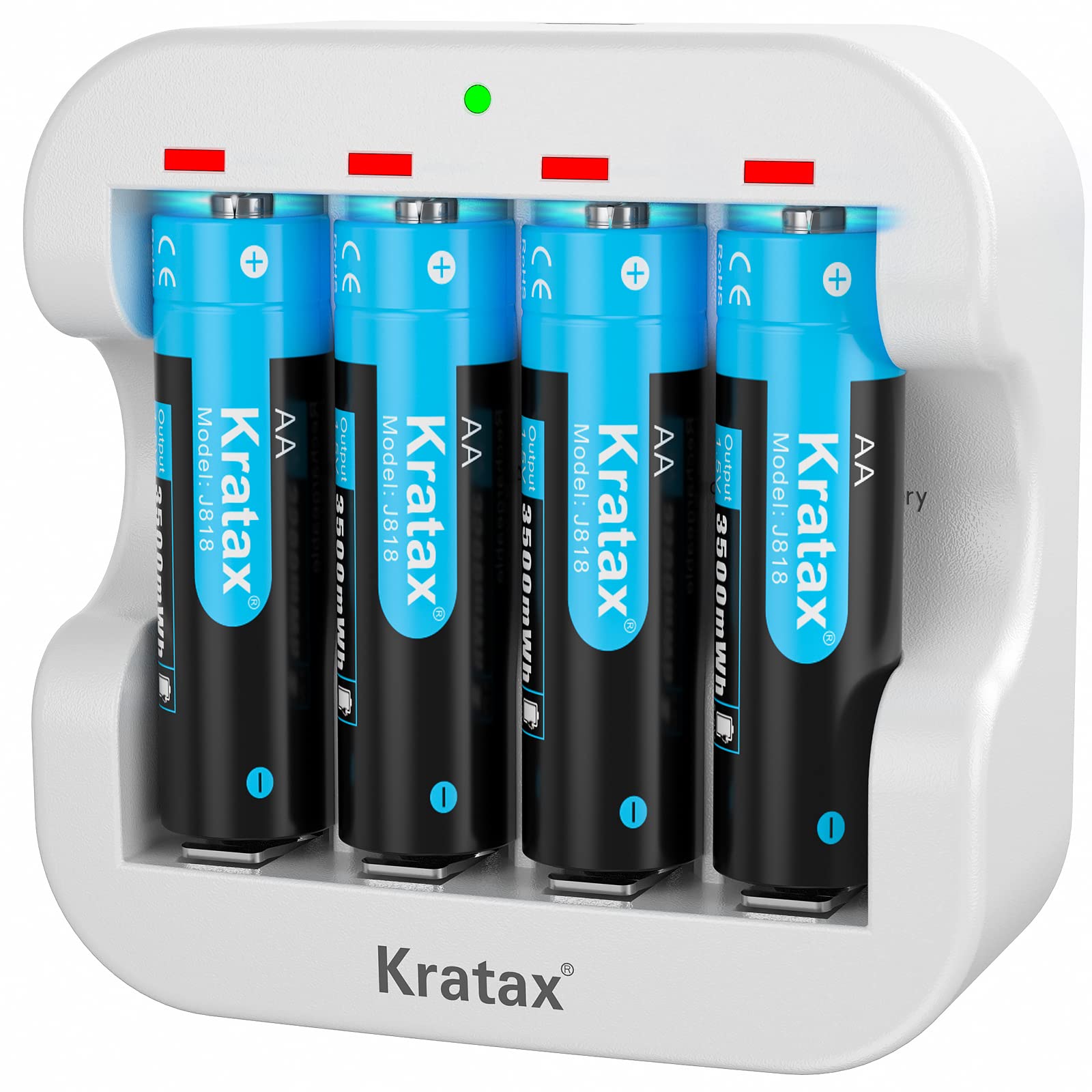 Kratax AA Rechargeable 1.5V Lithium Battery - 4 Pack Li-ion AA Batteries with 2H Fast Charger | 3500mWh High Capacity, 1600 Charge Cycles | Constant 3A Output for Digital Cameras, Game Controllers & LED Flashlights