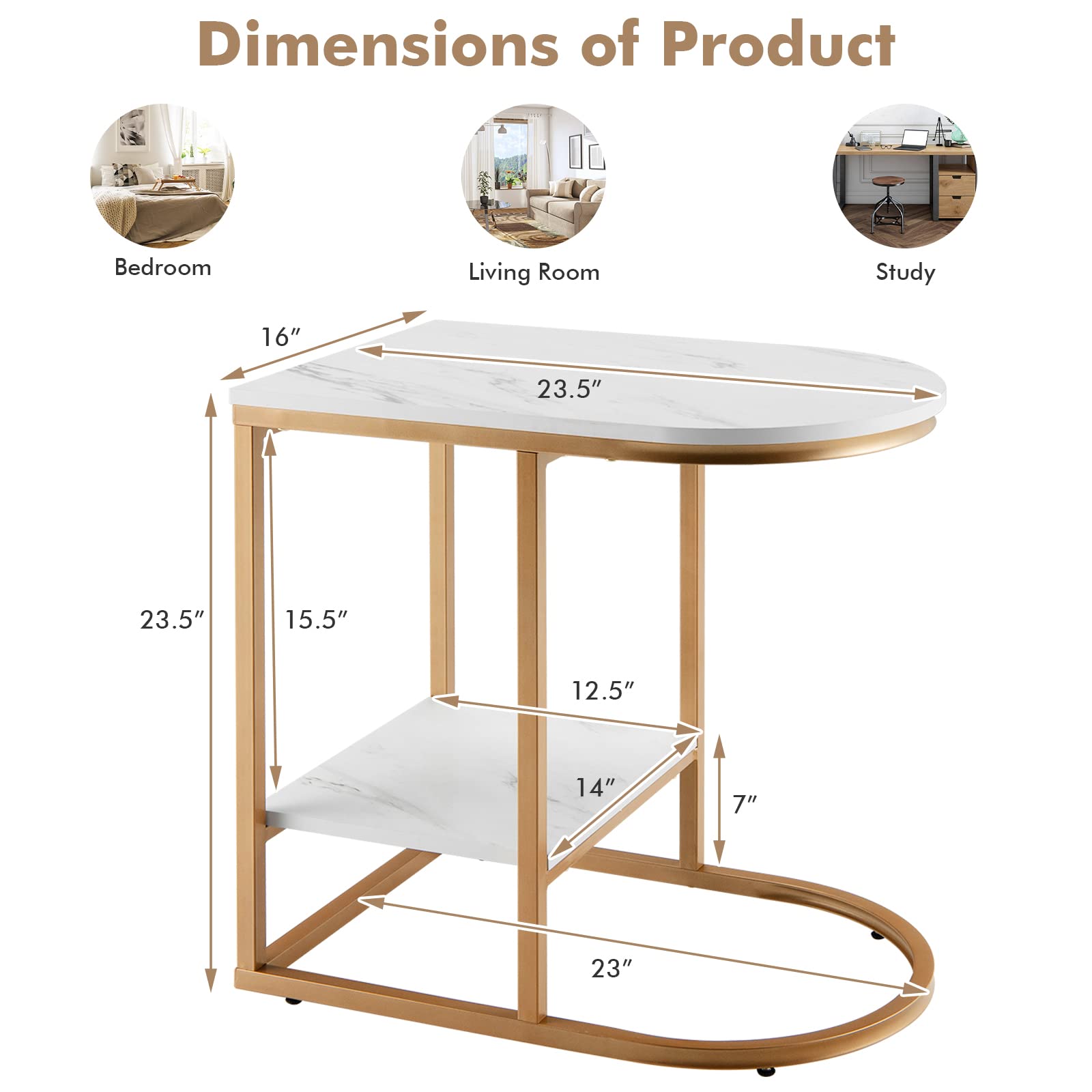 Giantex 2-Piece C-Shape Side Table Set - 2-Tier Faux Marble End Table with Storage Shelf & Sturdy Metal Frame, Sliding Sofa Table for Living Room, Bedroom Nightstand (White & Gold) | Perfect for Small Spaces, Apartment Decor & Coffee Table Alternative