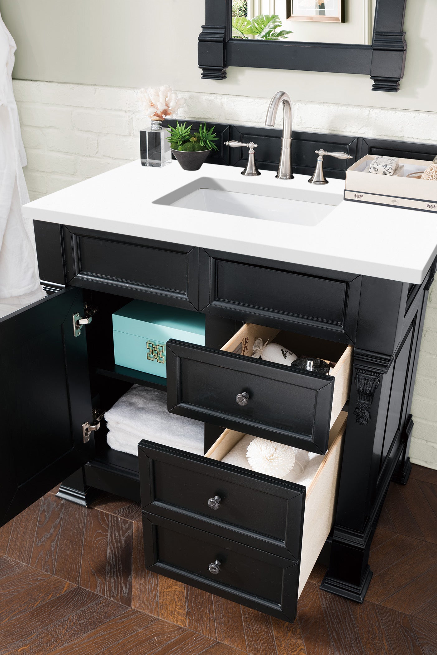 Brookfield 36 Inch Single Bathroom Vanity Set - Antique Black Finish with 3CM White Zeus Quartz Countertop | Perfect for Modern & Traditional Bathroom Remodels