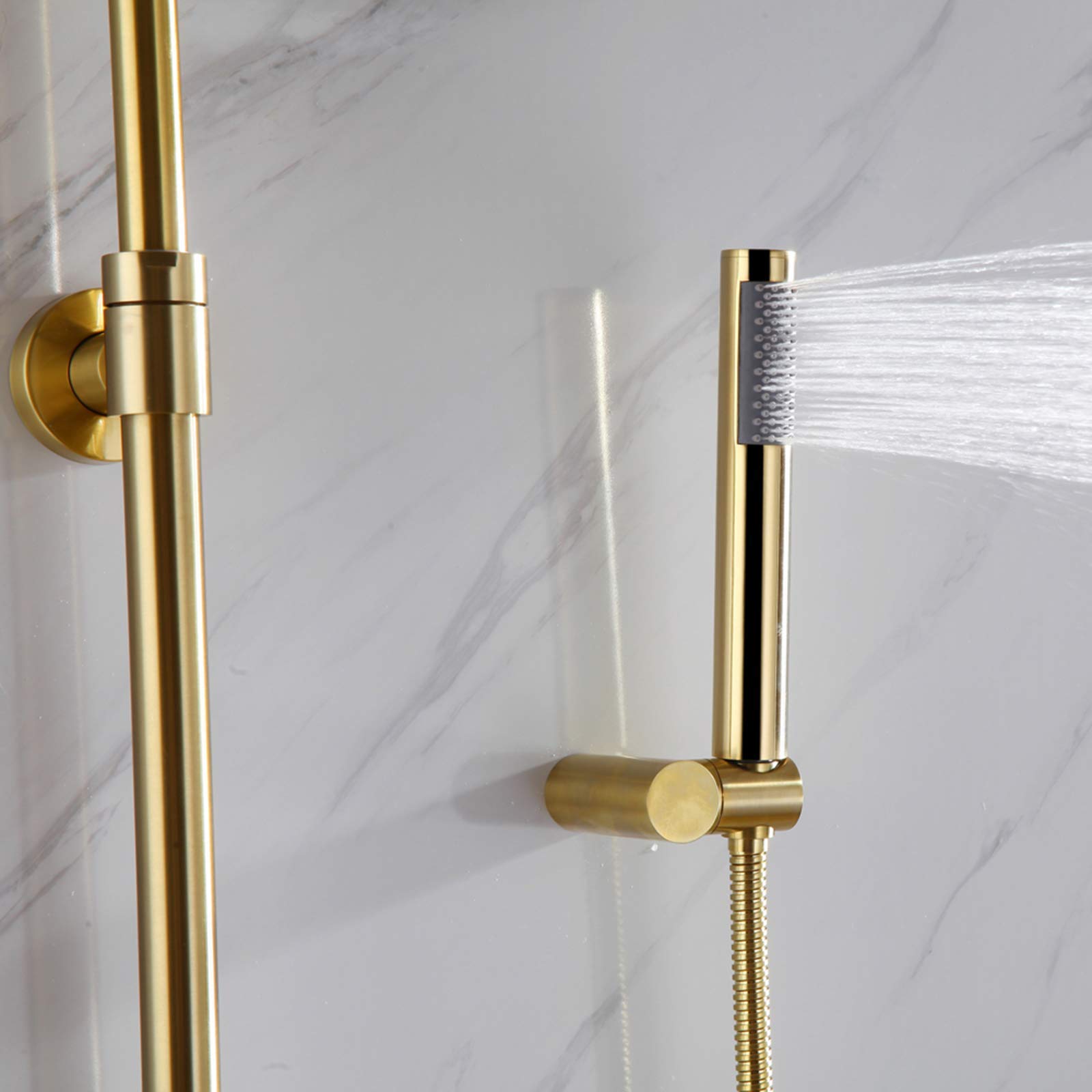 LUNEZY 10 Inch Brushed Gold Wall Mounted Shower Faucet Set - Rainfall Shower Head, Handheld Shower & Bathtub Faucet - Luxury Bathroom Fixtures for Modern & Spa-Like Showers
