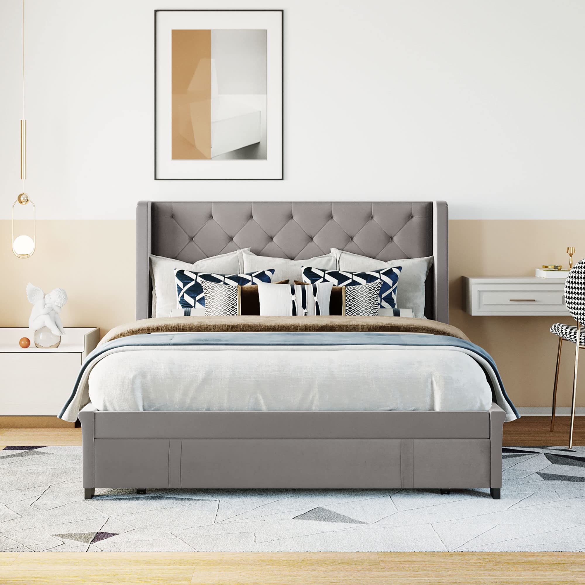 TRIPLE TREE Queen Size Storage Bed with 4 Drawers, Upholstered Wingback Platform Bed Frame with Wooden Slat Support - Modern Bedroom Furniture for Teens & Adults (Gray) | Perfect for Small Spaces & Guest Rooms