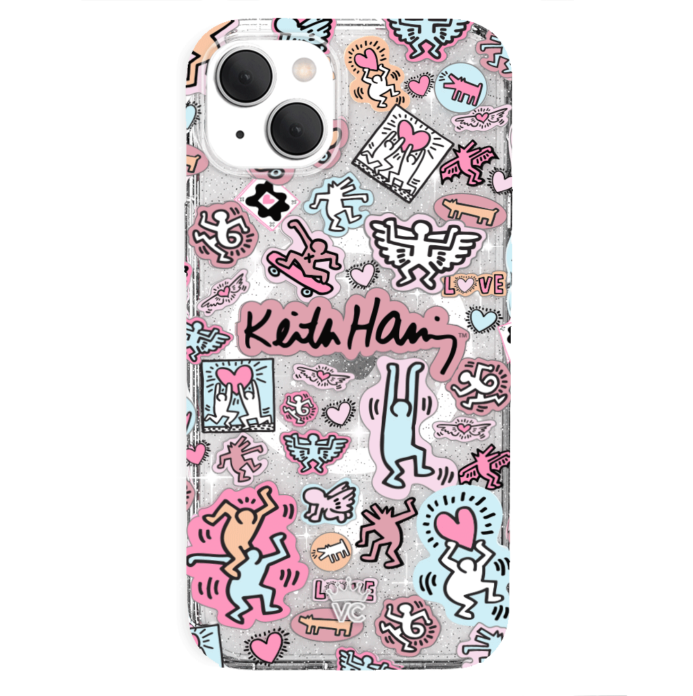 Keith Haring Pastel Glitter iPhone Case - Trendy Protective Cover for iPhone 11/12/13/14/15 Pro Max - Cute Artistic Design for Everyday Use & Gift Giving
