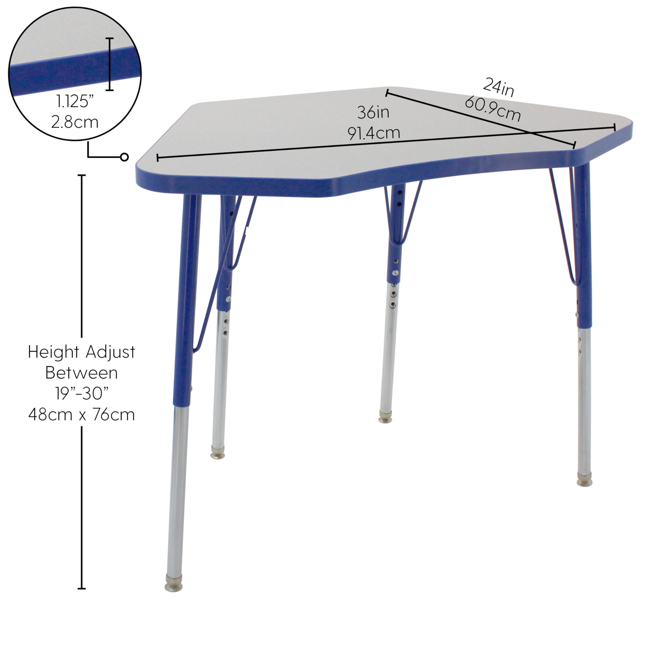 FDP Adjustable Height Petal Activity Table 24x36 Inch - Gray Top with Blue Edge for School, Office & Home - Quick Ship Single Box with Swivel Glides (19-30 Inches) | Perfect for Classrooms, Conference Rooms & Home Offices