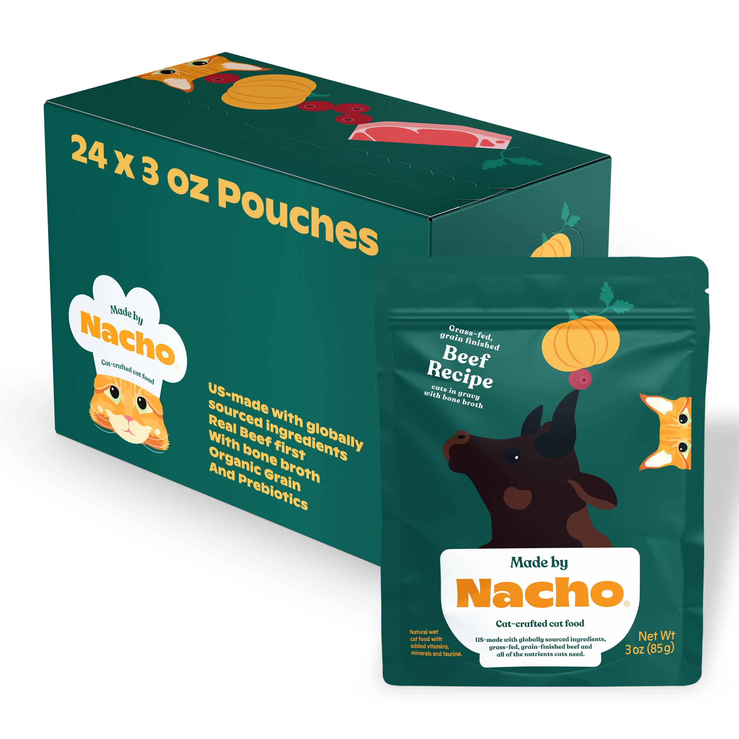 Made by Nacho Wet Cat Food - Grain-Free Grass-Fed Beef Recipe in Gravy with Bone Broth for Hydration, 24 Pack of 3 oz Pouches | High Protein Moist Cat Food for Adult & Senior Cats | Perfect for Picky Eaters & Mealtime Hydration Boost