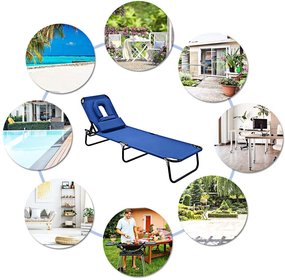Adjustable Folding Chaise Lounge Chair with Face Hole - 4-Level Reclining Positions & Removable Pillows - Perfect for Beach, Pool, Lawn, Patio, and Outdoor Relaxation