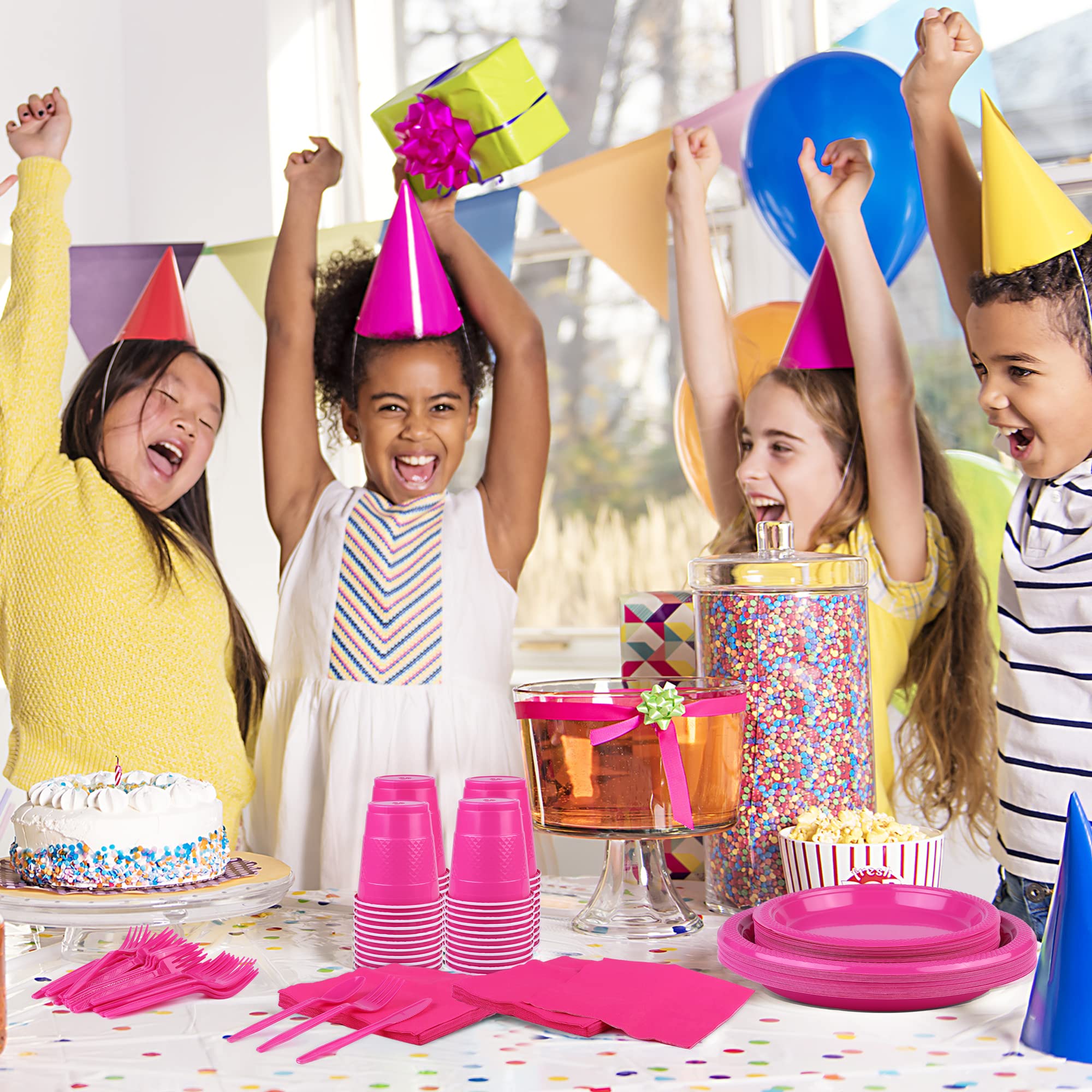ADXCO 168-Piece Hot Pink Disposable Party Dinnerware Set - Plates, Cups, Utensils & Napkins for 24 Guests | Perfect for Birthday, Wedding, Graduation & Baby Showers | Elegant Tableware for Indoor & Outdoor Celebrations