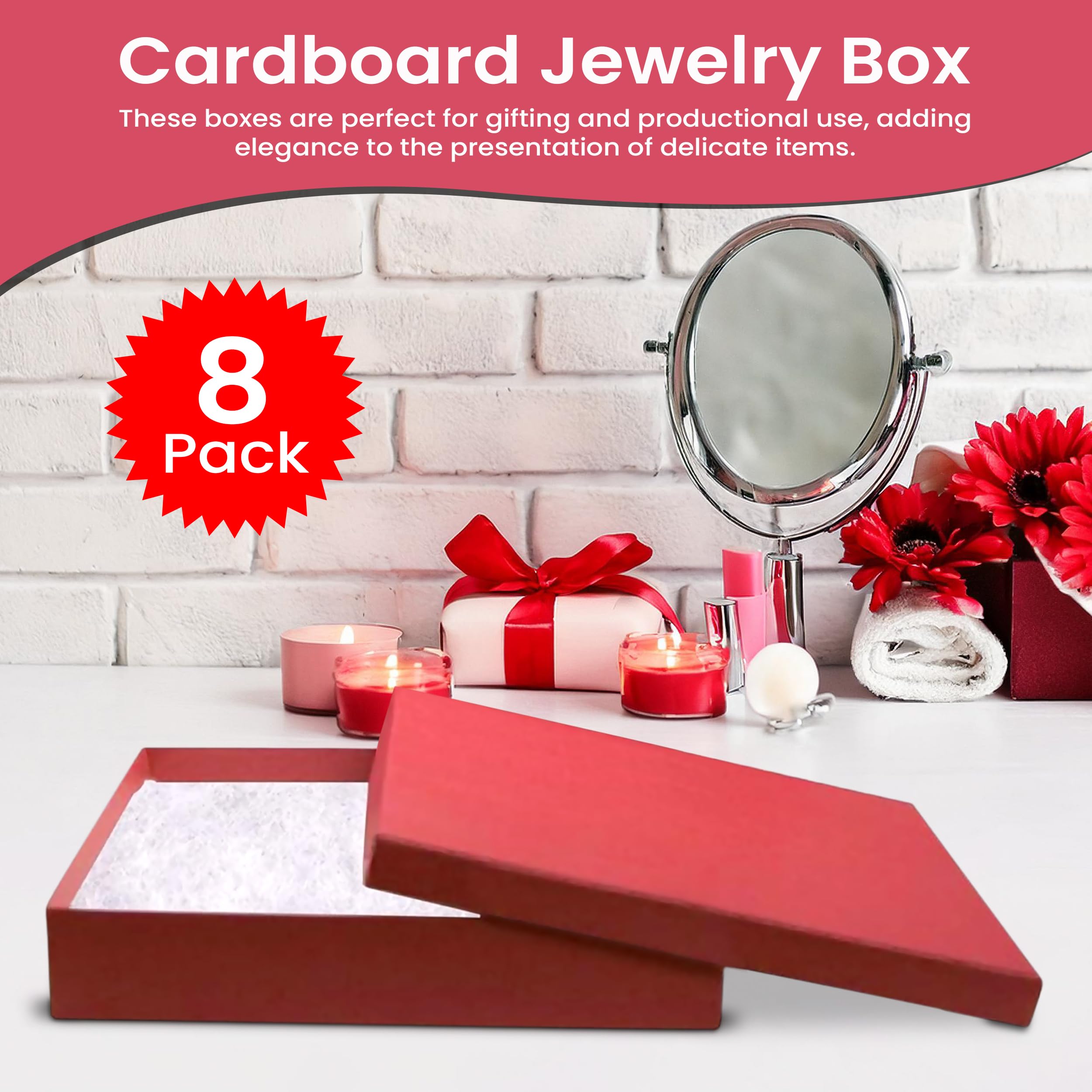 Premium 8-Pack Red Jewelry Gift Box Set (7x5x1.25 inches) with Cotton Filling | USA-Made Cardboard Jewelry Storage Boxes with Lids | Perfect for Bracelets, Necklaces, Rings & Earrings | Elegant Gift Packaging for Birthdays, Anniversaries & Special Occasions