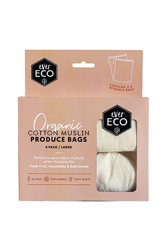 Ever Eco 4 Pack Reusable Organic Cotton Muslin Produce Bags for Grocery Shopping, Farmers Market & Zero Waste Lifestyle - Washable Mesh Food Storage Bags for Fruits, Vegetables & Bulk Foods