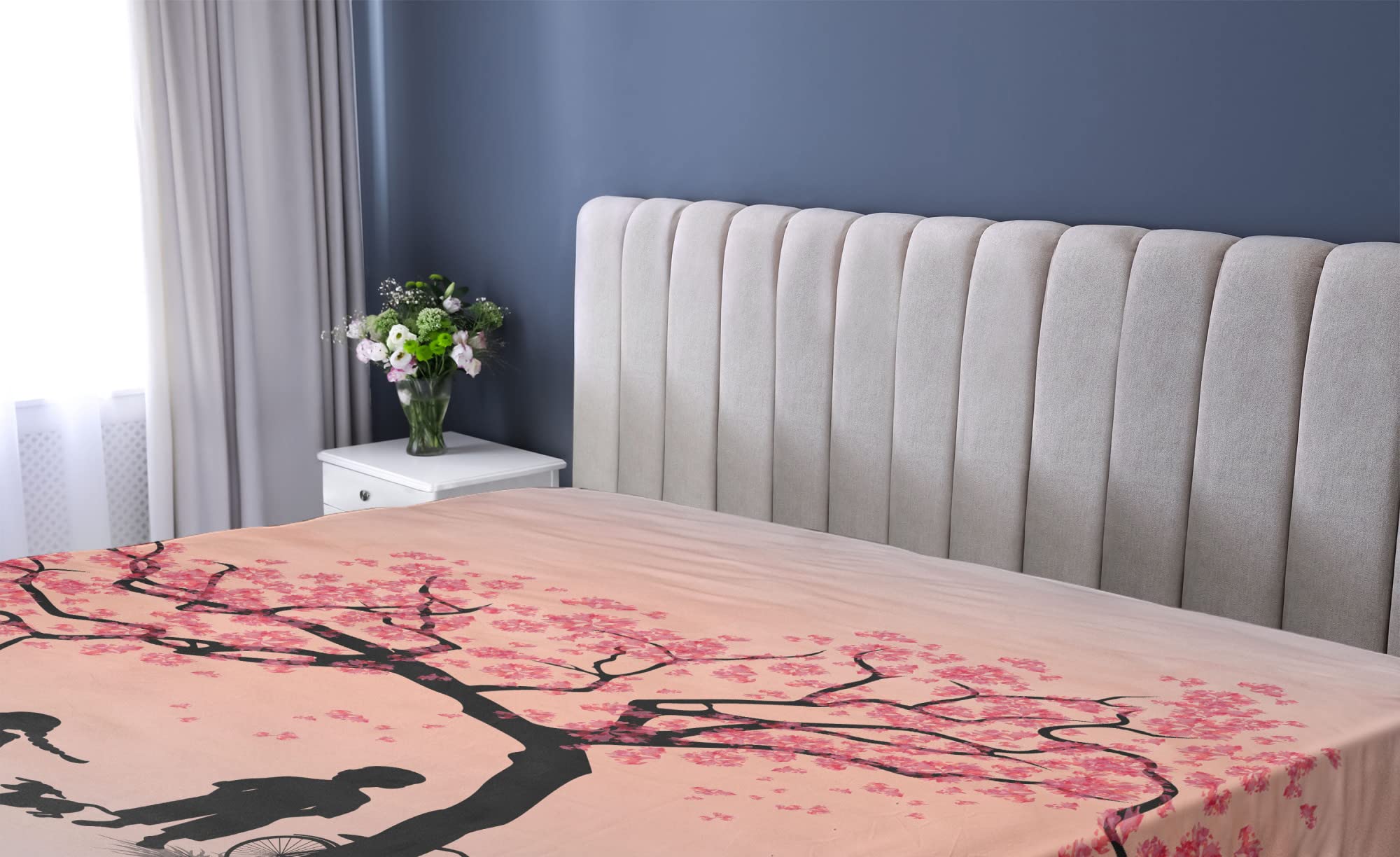 Ambesonne Tree of Life Fitted Sheet - Twin XL, Pink Black - Cherry Blossom Dog Art for Cozy Bedroom Decor