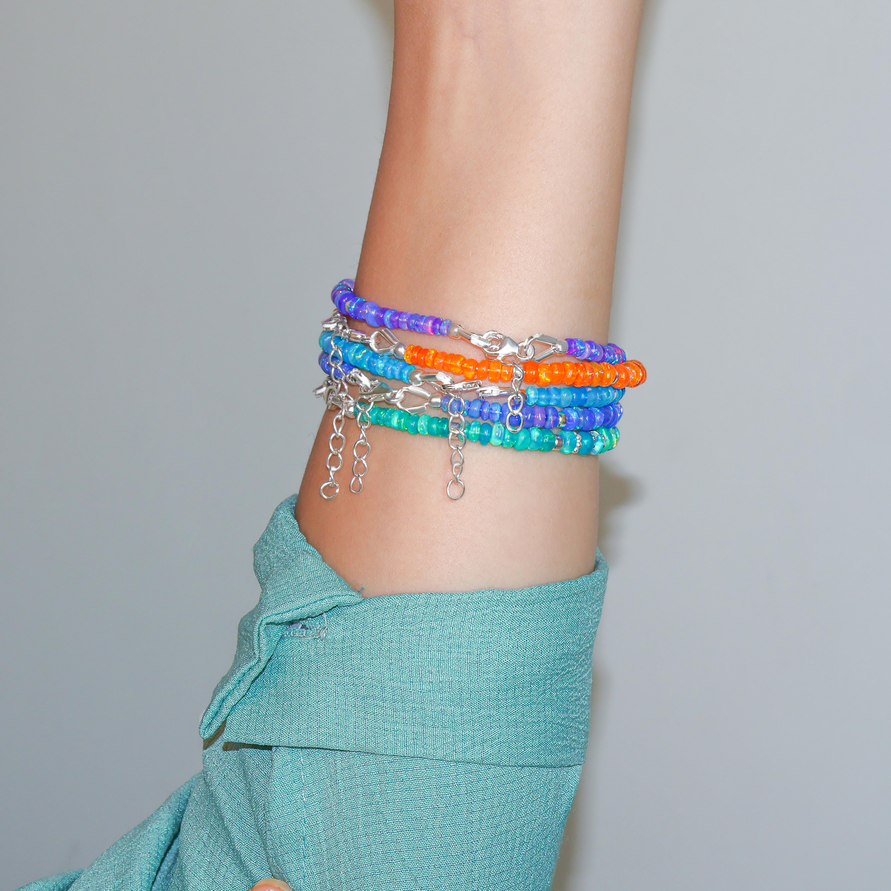 Natural Praibha Opal Beaded Bracelet with Circular Silver Chakri Beads - Handmade Boho Jewelry for Women, Spiritual Healing & Meditation Accessory, Perfect for Yoga, Festivals and Gift Giving