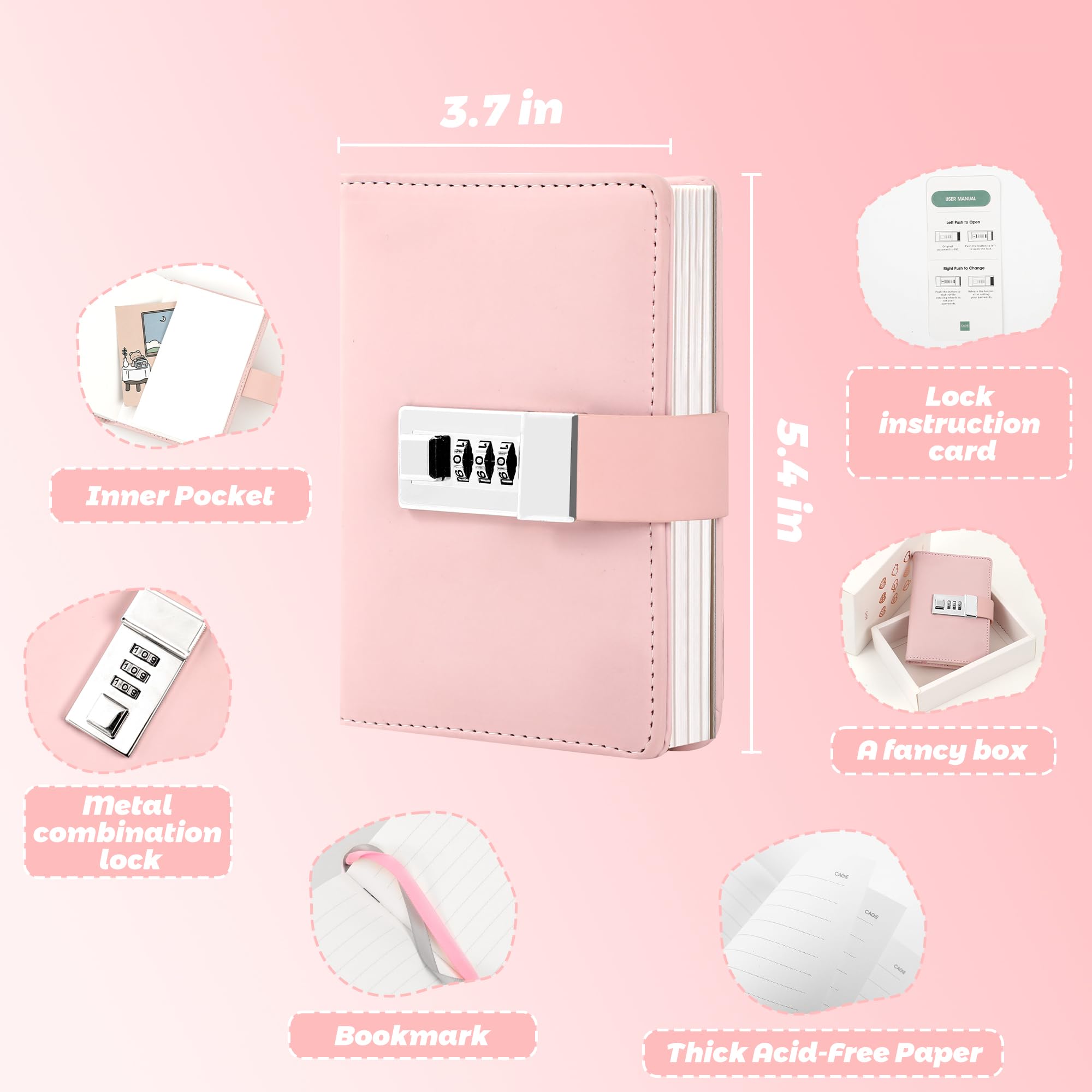 CAGIE Locking Diary Journal with Combination Lock - Personal Secret Diary for Girls, Women & Adults - Travel Writing Notebook in Macaron Pink - Perfect for Journaling, Note Taking & Gift Giving