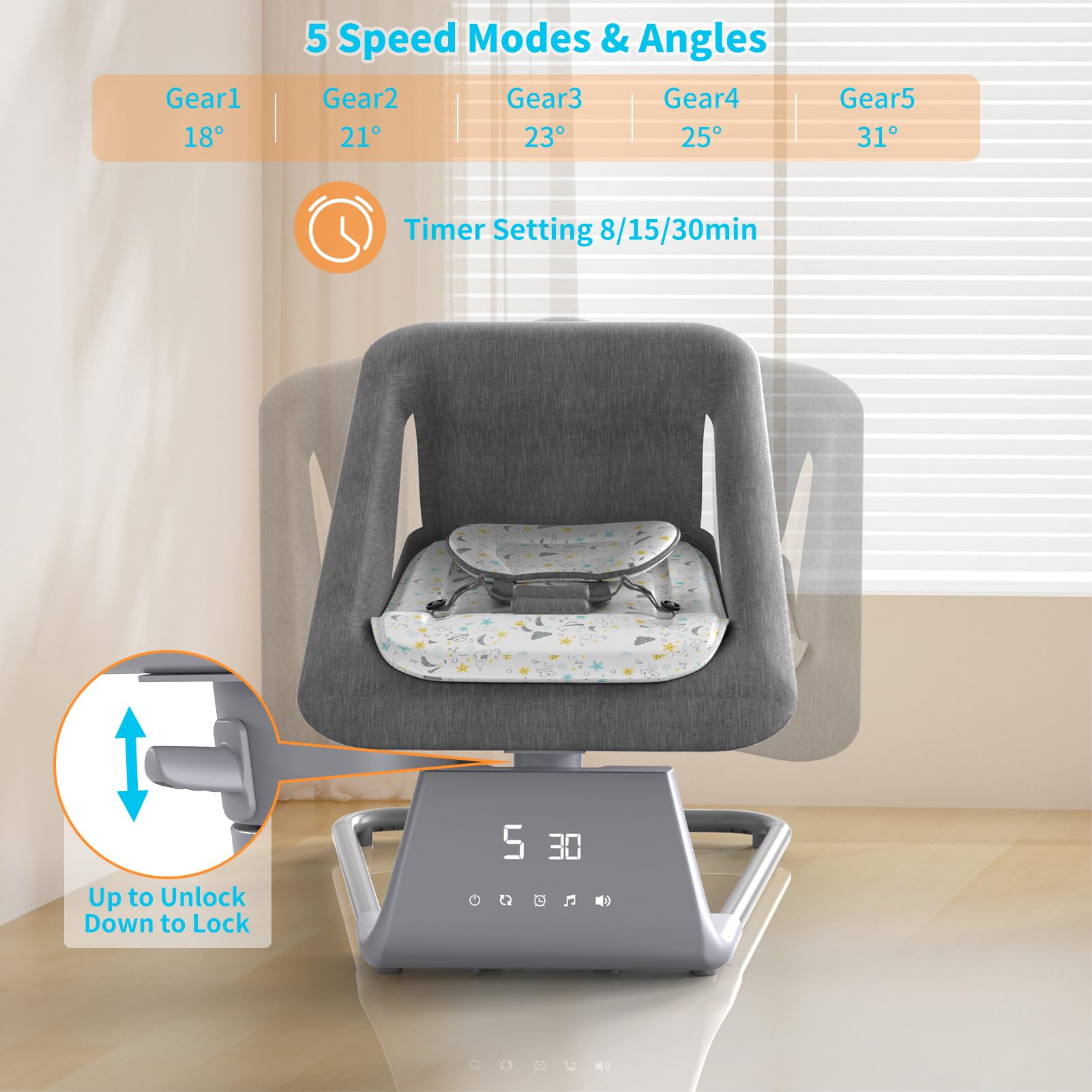 Electric Baby Swing with Bluetooth & Remote - 5 Speed Adjustable Infant Bouncer & Rocker with 11 Soothing Lullabies & Large Screen - Perfect for Newborns to Toddlers (Baby Boy & Girl) - Ideal for Nursery, Bedroom & Daycare Use