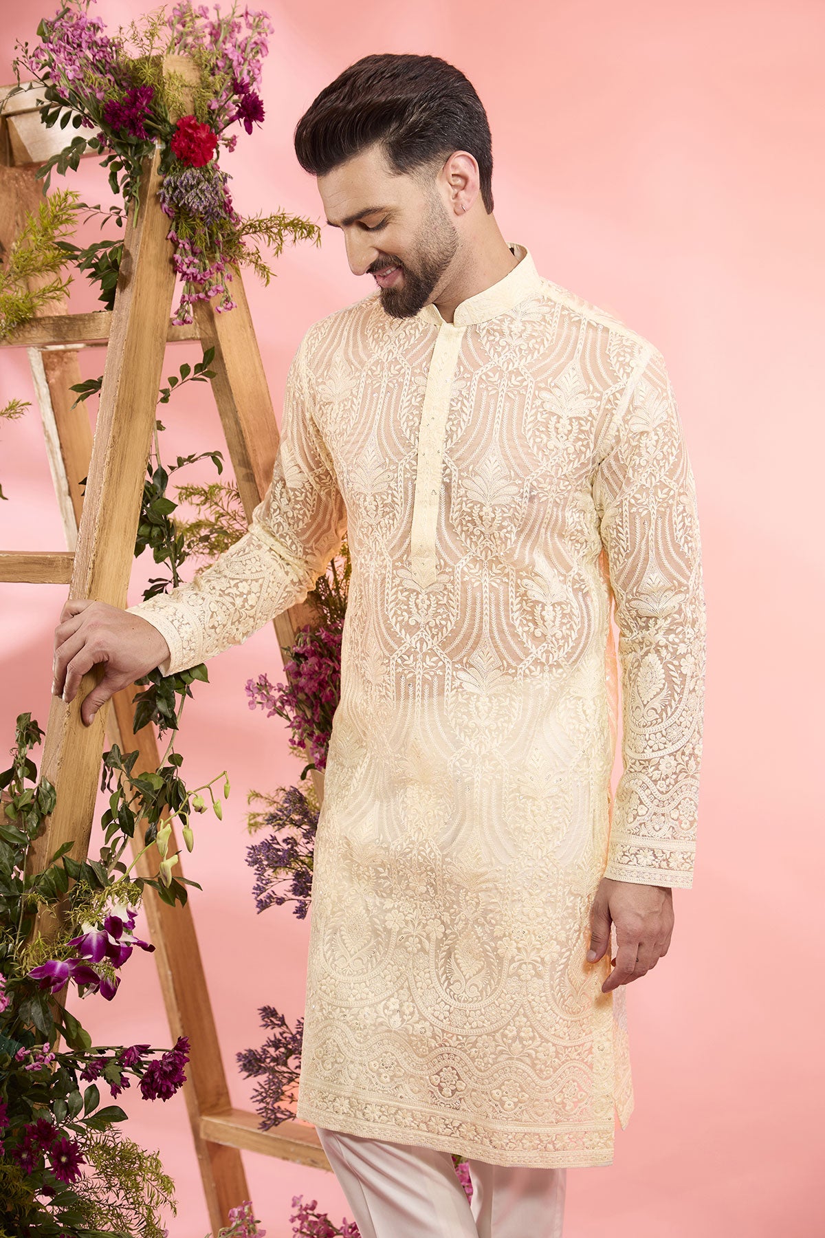 Ivory Organza Chikankari Kurta for Women - Elegant Indian Embroidered Tunic Top - Perfect for Festivals, Weddings & Special Occasions