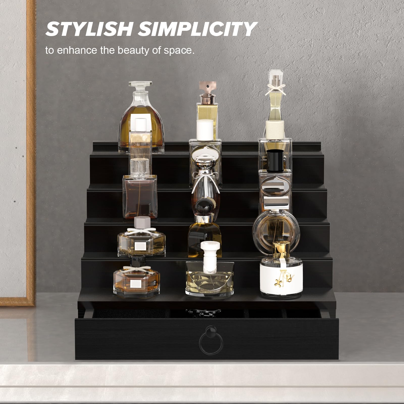 5-Tier Black Cologne Organizer for Men with Drawer & Hidden Compartment - Perfume Display Stand & Storage Shelf - Perfect Gift for Him - Ideal for Bathroom, Dresser, and Vanity Organization