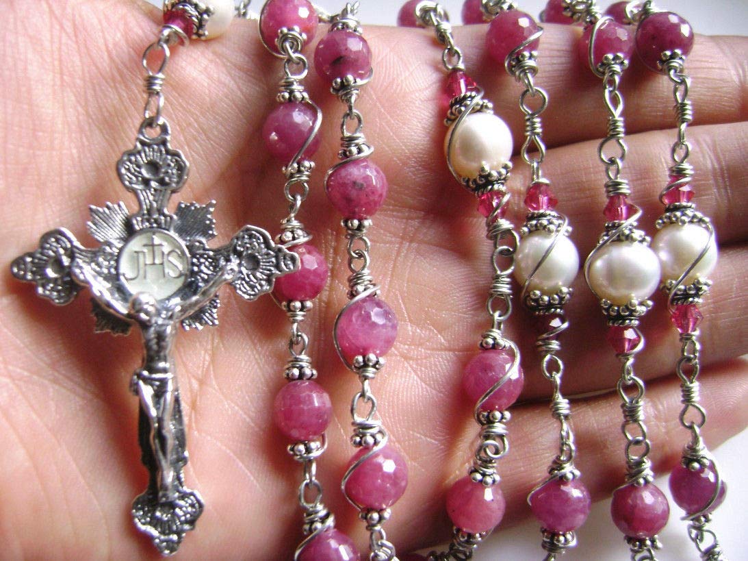 Handmade 925 Sterling Silver Ruby Beads Rosary Cross Catholic Necklace - Elegant Religious Jewelry Gift Box for Prayer, Worship & Special Occasions