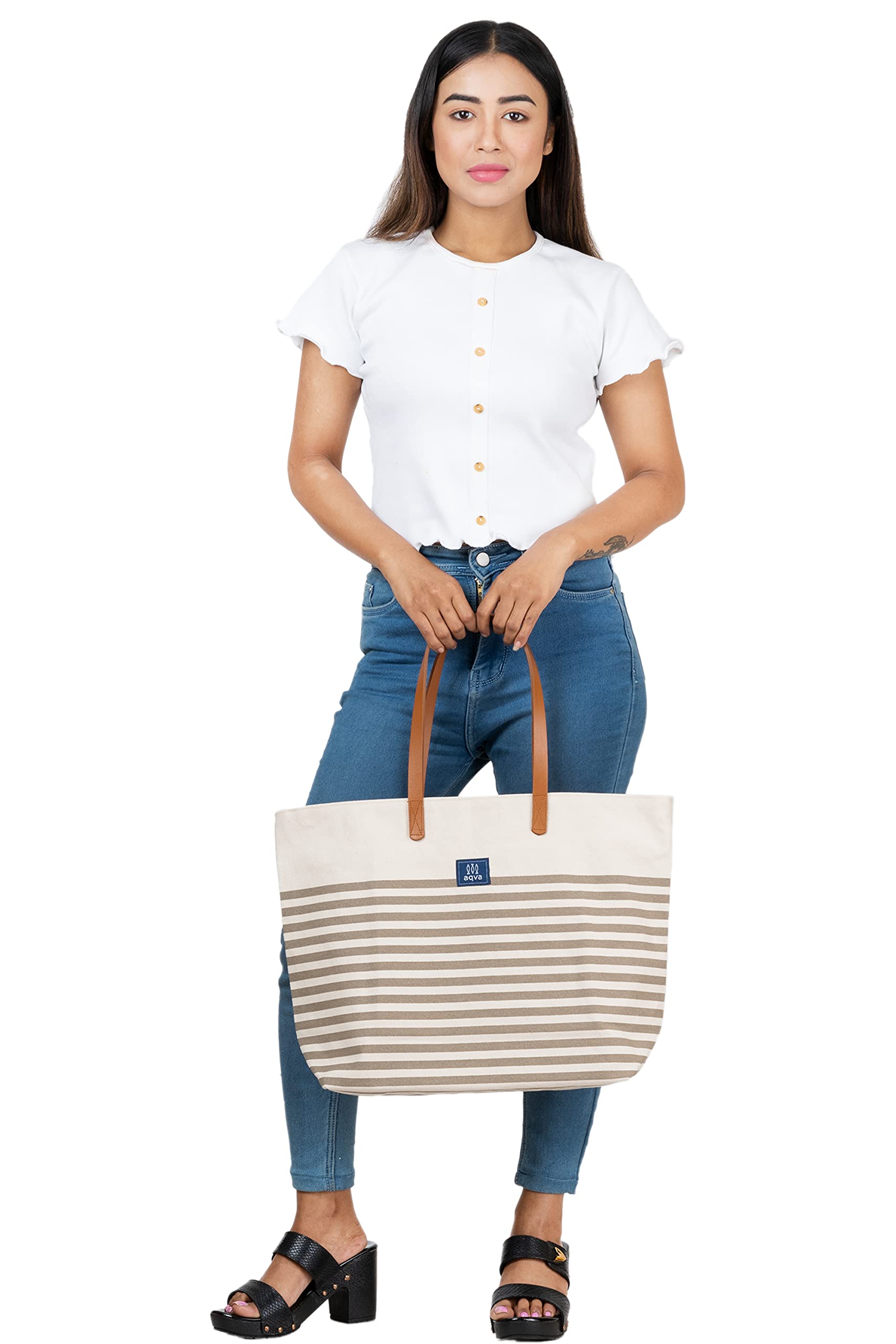 AQVA Cotton Canvas Tote Bag for Women & Men - Durable Shoulder Bag with Inner Zip Pocket - Fashionable Canvas Handbag for Grocery Shopping, Travel, Work & Beach - Perfect for Daily Use, Office Commute & Weekend Getaways