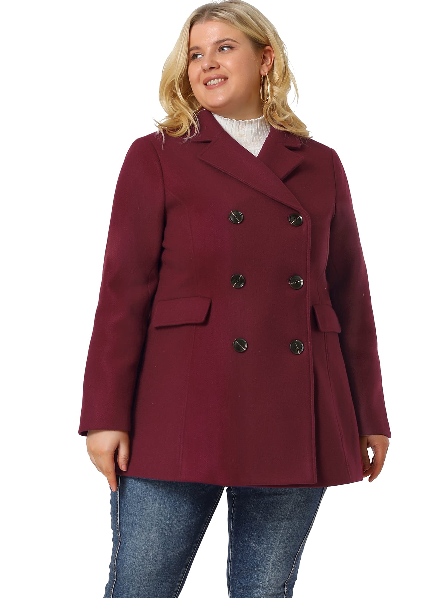 Agnes Orinda Women's Plus Size Notched Lapel Double Breasted Long Winter Coat - Elegant Formal & Office Wear for Business Women