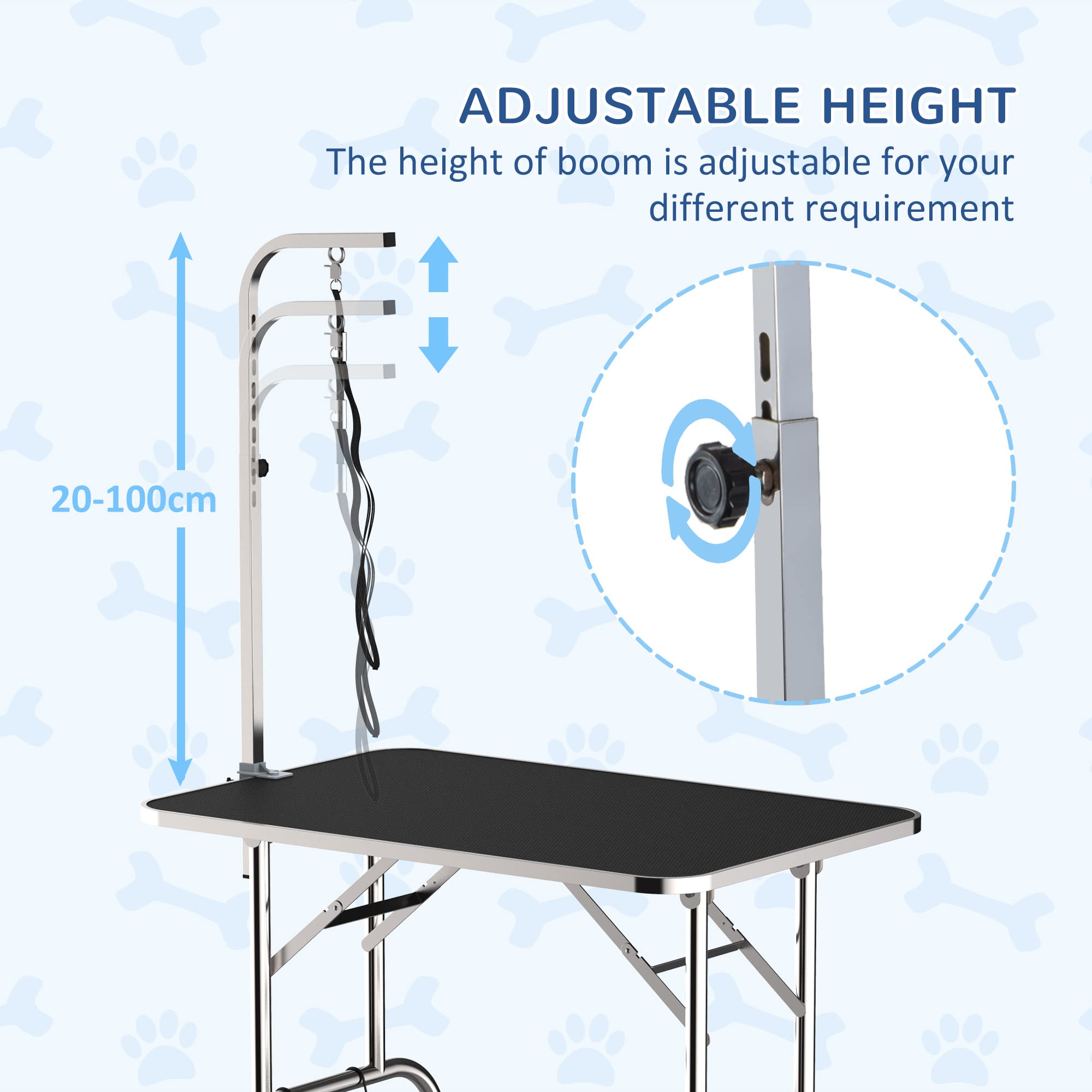 PawHut Adjustable Dog Grooming Table with Arm & Storage Shelf - Foldable Pet Grooming Station for Professional & Home Use - Perfect for Bathing, Trimming & Styling Small to Medium Dogs
