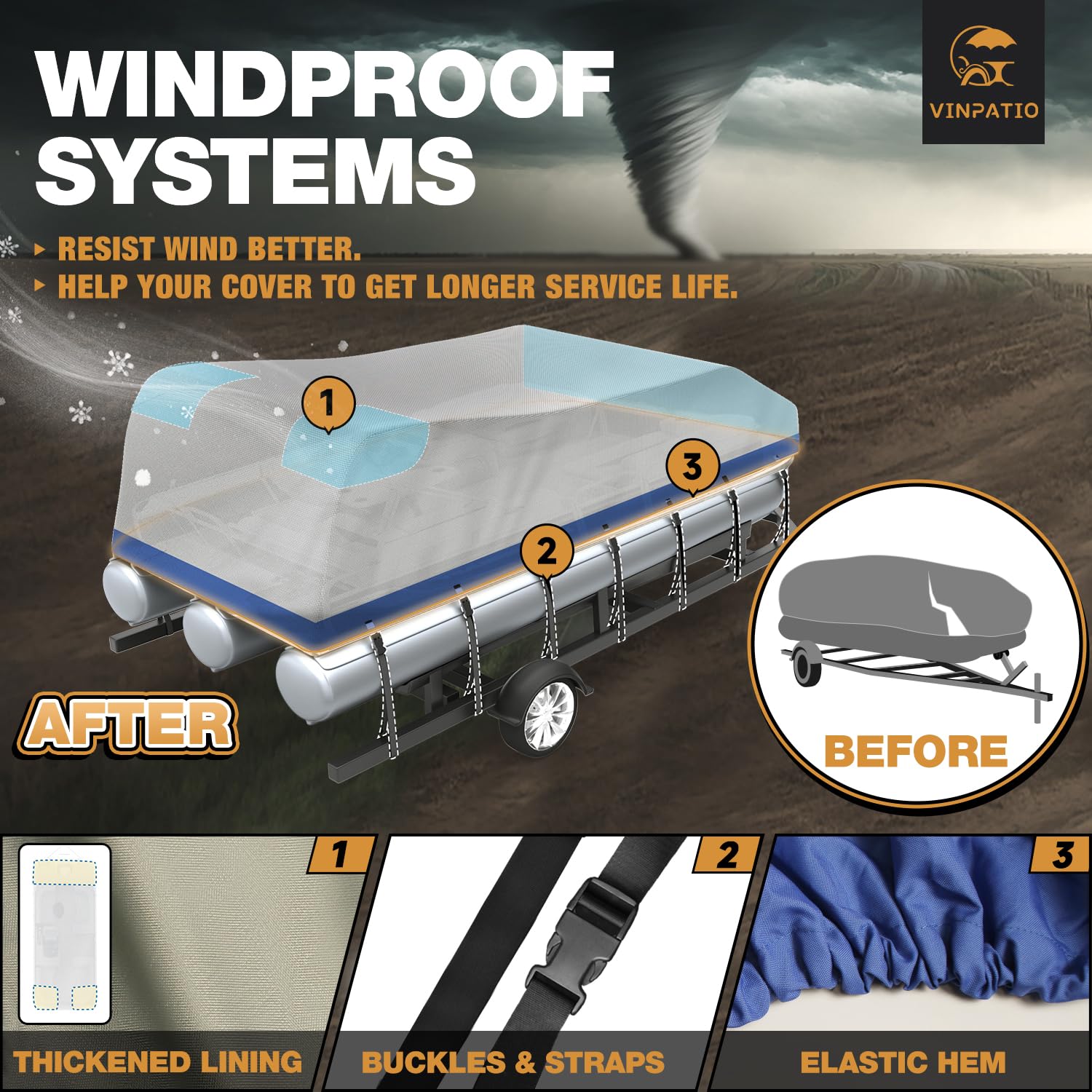 Heavy Duty 800D Marine Grade Waterproof Pontoon Boat Cover with Motor Cover - UV Resistant Solution-Dyed Polyester - Fits 25' to 28' Boats (Blue-Silver) - Perfect for Outdoor Storage & Dock Protection