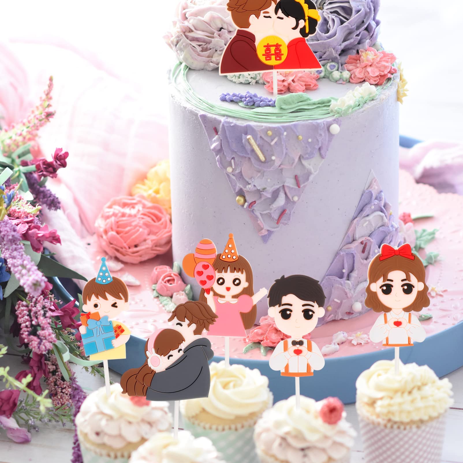 7pcs Valentine's Day Cake Toppers - Heart-Shaped Cake Inserts & Decorative Cards for Romantic Cakes, Cupcakes and Party Desserts - Perfect for Valentine's Day Celebrations, Wedding Anniversaries and Romantic Date Nights