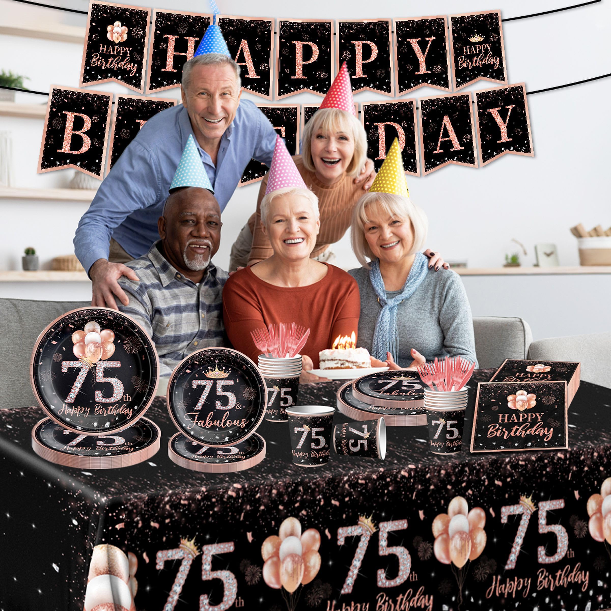 142Pcs Rose Gold 75th Birthday Party Tableware Set - Disposable Tablecloth, Plates, Napkins, Cups, Forks & Knives for Women's 75 Years Old Celebration - Perfect for Themed Birthday Decorations & Party Supplies