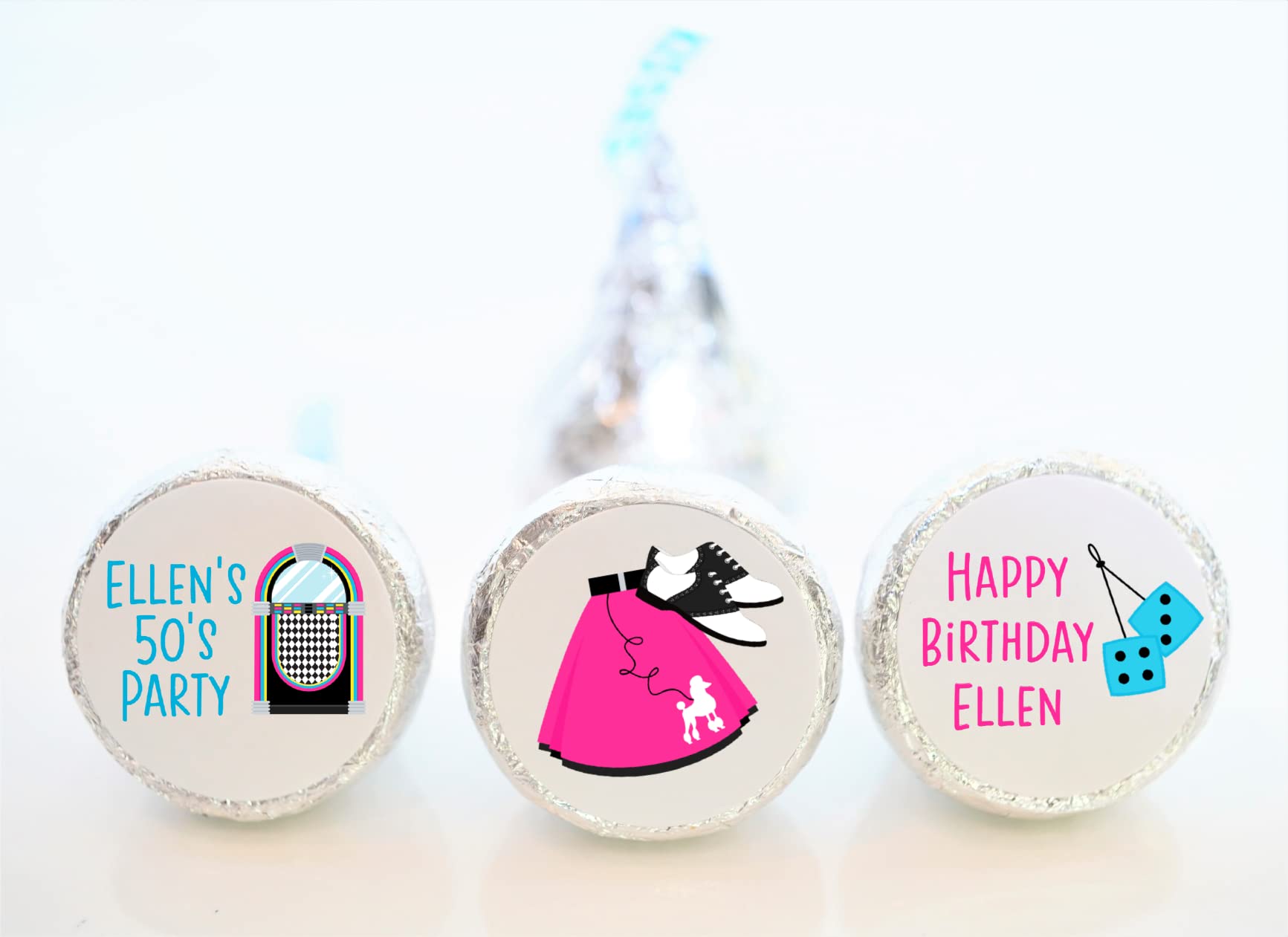 Vintage 50s Theme Personalized Hershey Kiss Stickers - 108 Pack for Birthday Parties, Class Reunions & DIY Scrapbooking - Perfect Party Favors & Gift Tags (STICKERS ONLY)