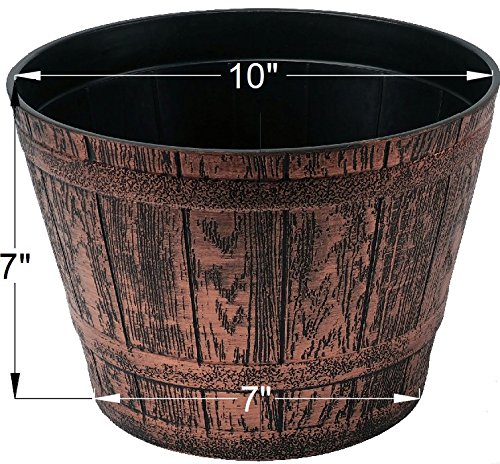 2 Pack 10 Inch Sapphire Plastic Plant Pots - Whiskey Barrel Design Flower Planters with Drainage Holes, Copper Finish for Indoor/Outdoor Decor - Perfect for Home, Garden, Patio & Office Decorations