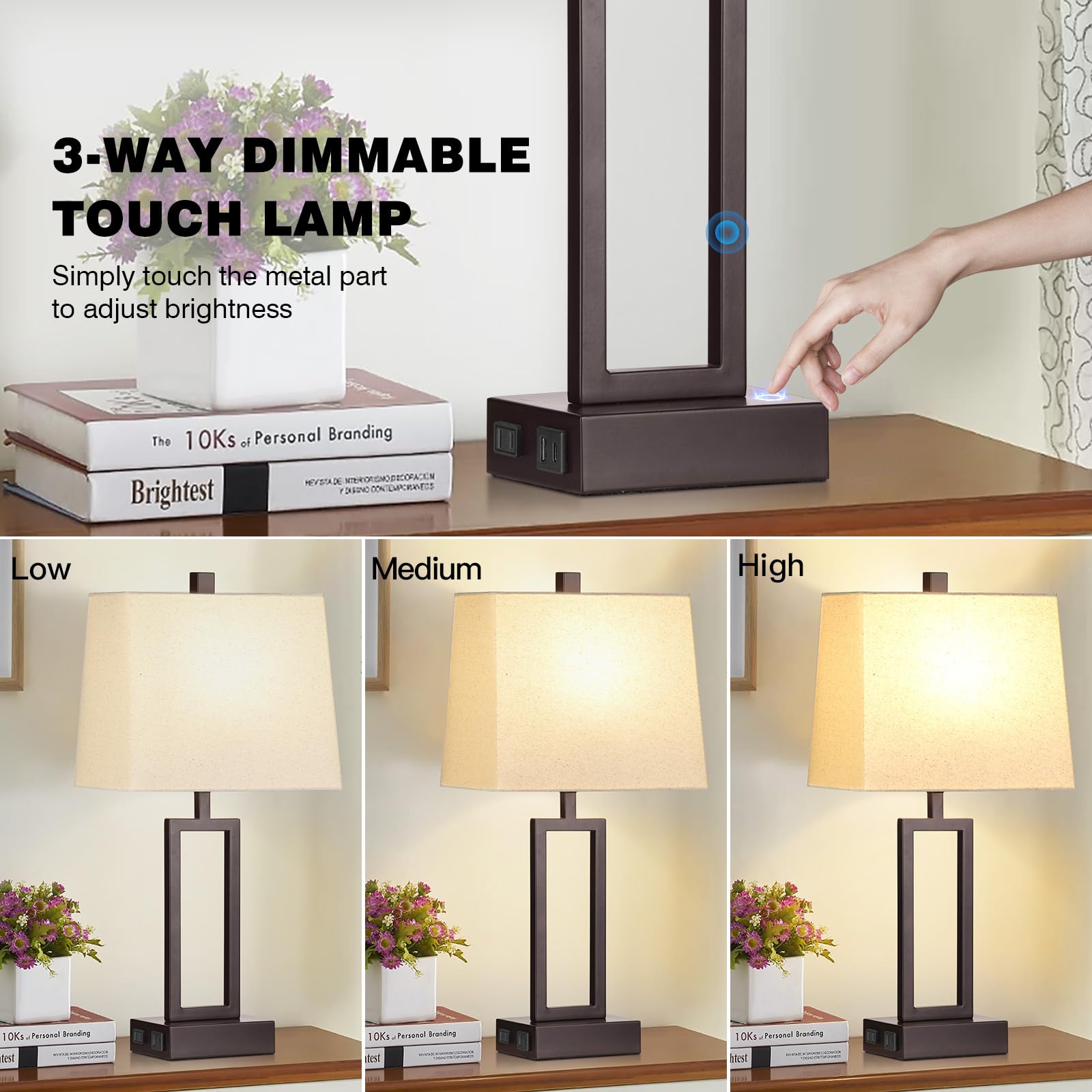 Modern Touch Control Table Lamps Set of 2 - Brown USB A+C Charging Bedside Lamps with AC Outlet & 3-Way Dimmable LED Lighting - Perfect for Bedroom Nightstands & Living Room End Tables (LED Bulbs Included) | Ideal for Reading, Working & Creating Cozy Ambiance