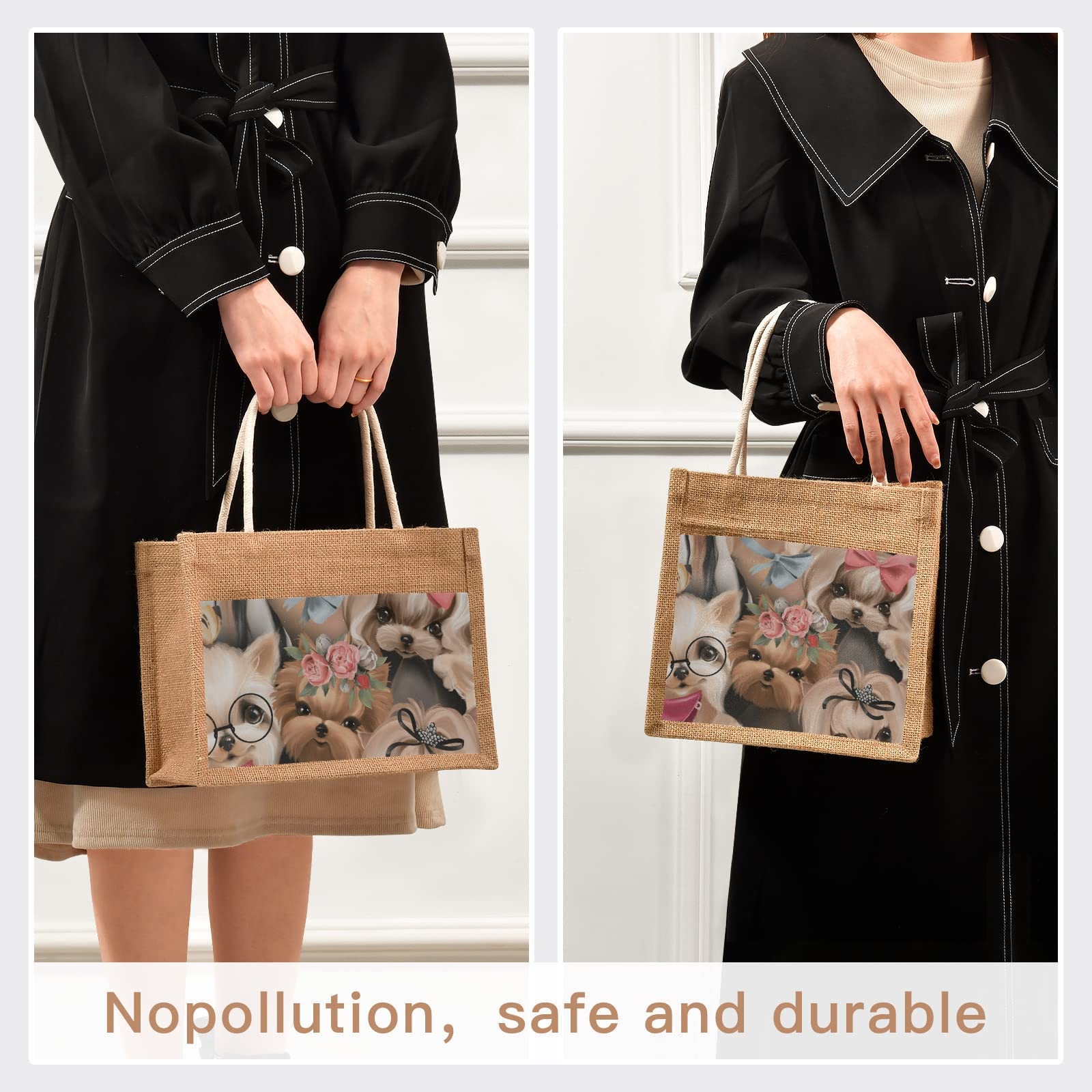 Sinestour Cute Dog Puppy Jute Tote Bag - Eco-Friendly Reusable Grocery Bags with Handle, Burlap Gift Bag for Pet Lovers - Perfect for Shopping, Beach Trips & Daily Use