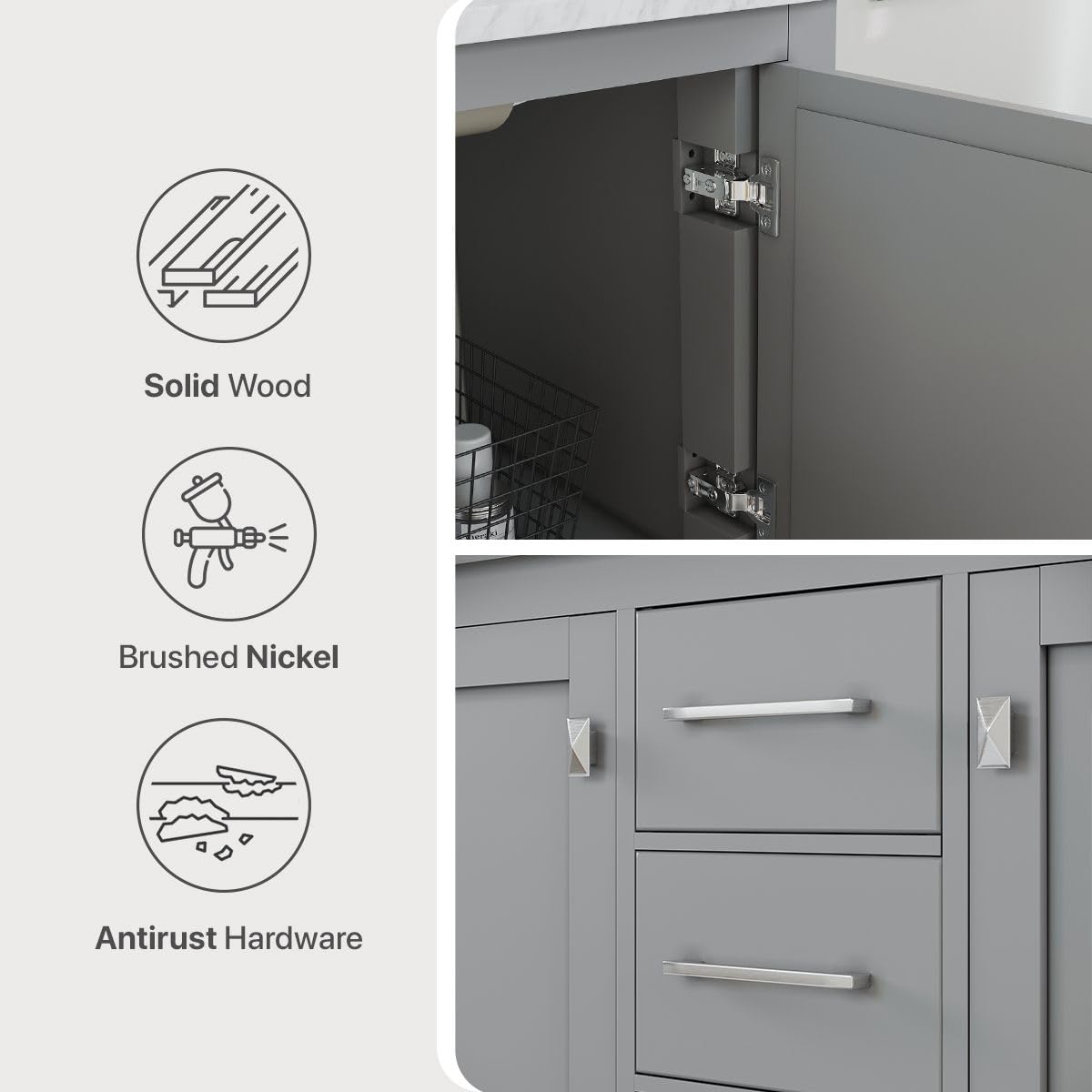48 Inch Freestanding Bathroom Vanity with Gray Cabinet & Carrara Marble Top - Double Sink Vanity with Spacious Storage - Modern Wood Countertop Combo for Master Bath, Guest Bath & Powder Room