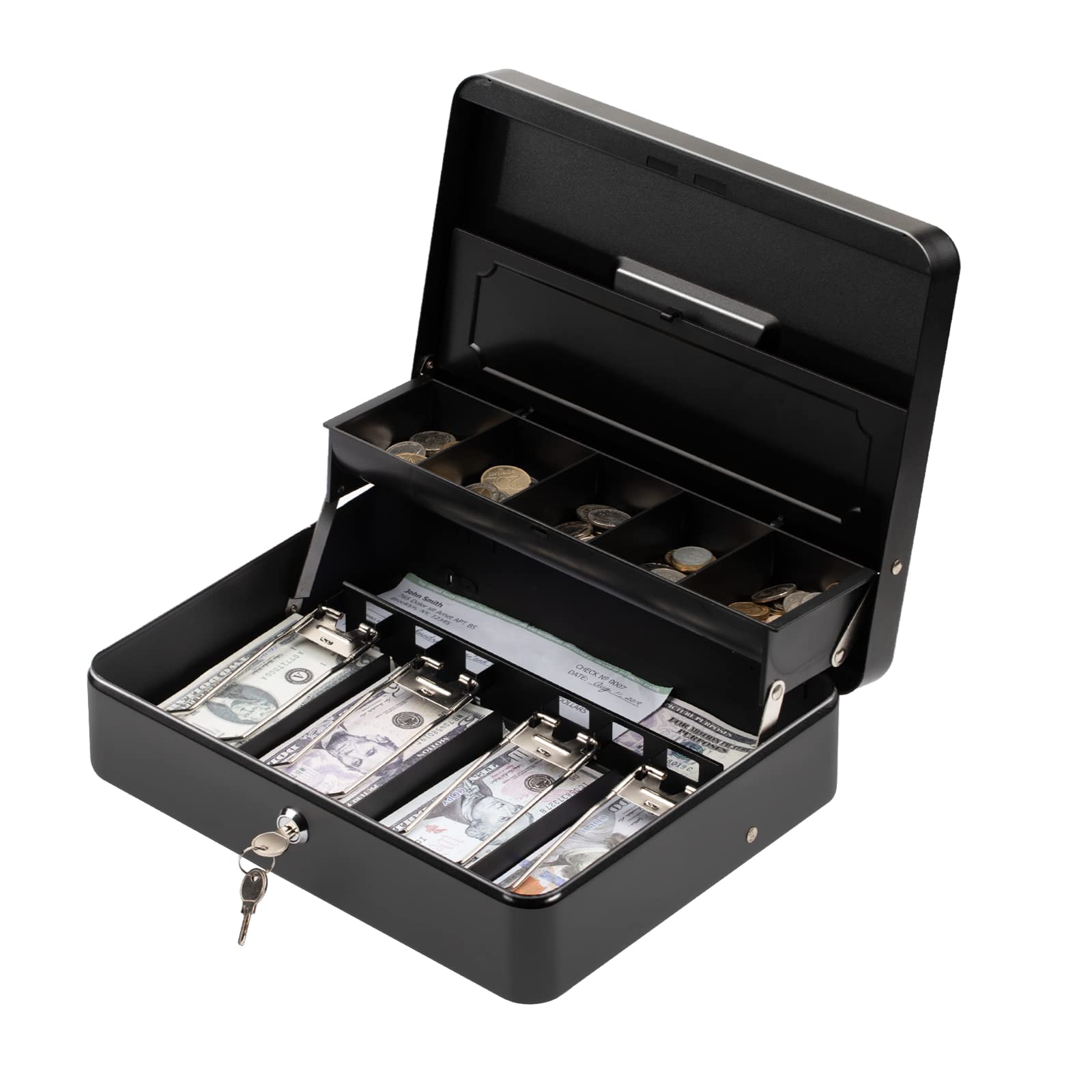 Tera Cash Box with Key Lock - Large Anti-Theft Money Safe Box with 4 Bill & 5 Coin Trays (11.8x9.4x3.5 Inches) - Secure Storage for Small Business, Home, Yard Sales & Retail Stores - Durable Design with Rounded Corners