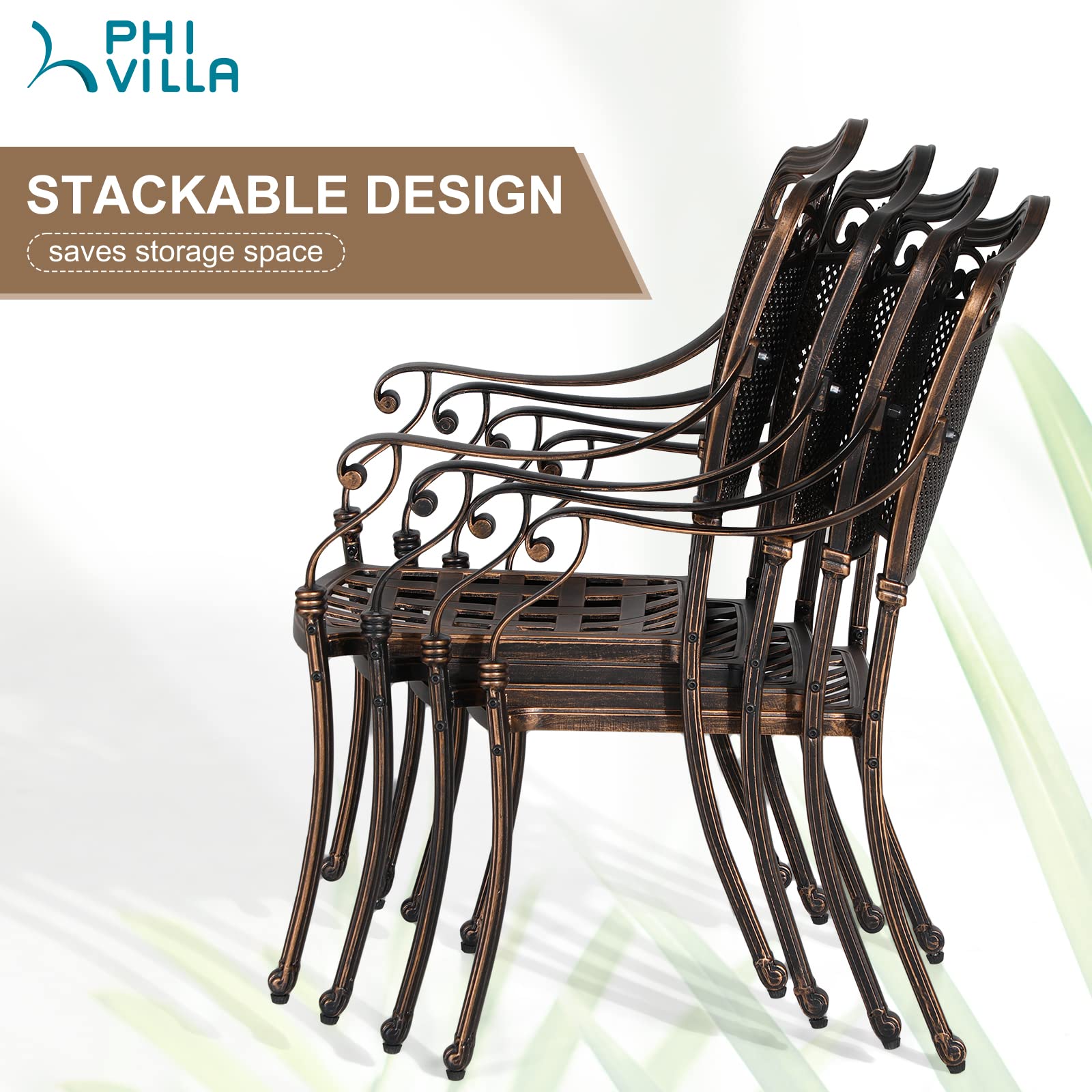 PHI VILLA Patio Dining Chairs Set of 2 - Weather-Resistant Cast Aluminum Outdoor Bistro Chairs with Curved Armrests - Golden Bronze Patio Furniture for Deck, Balcony, Garden & Backyard Dining