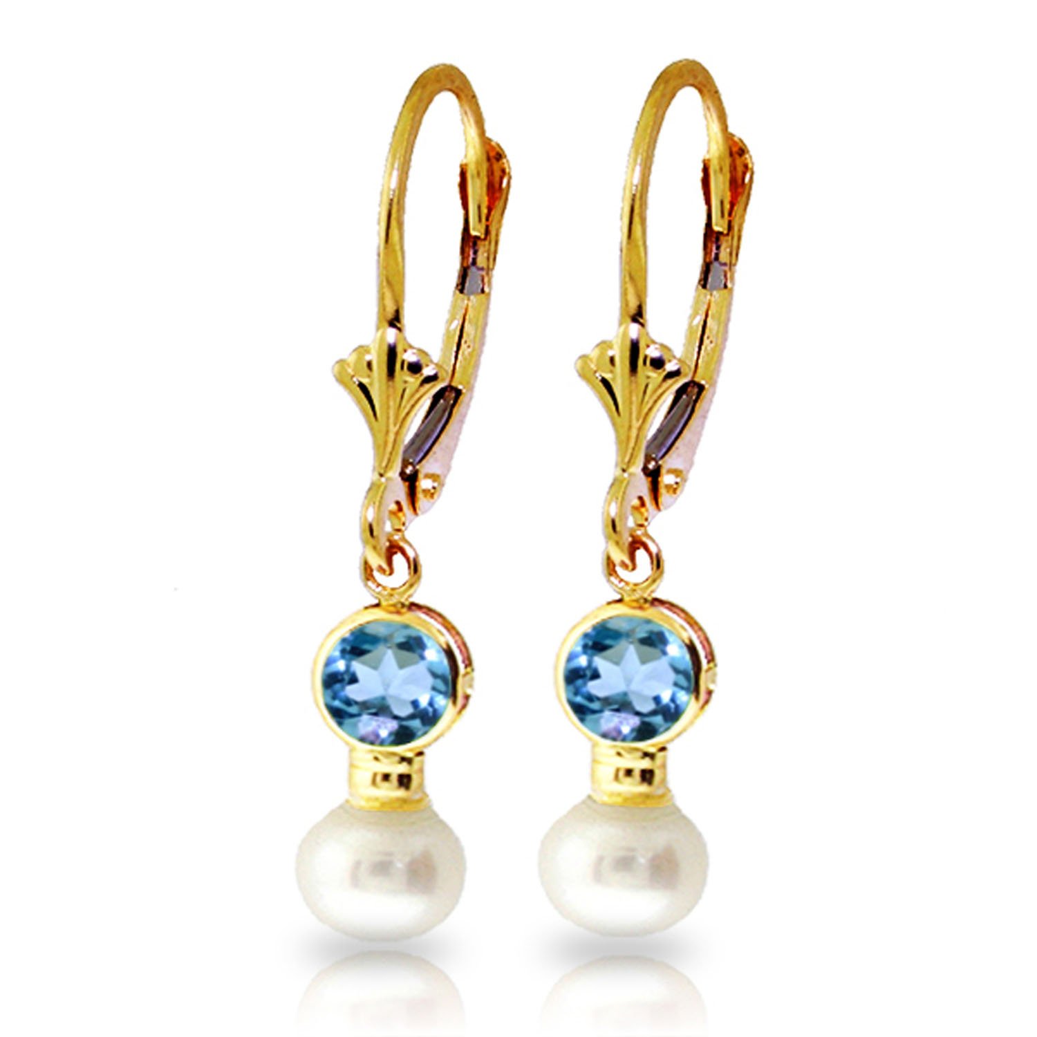 5.2 Carat 14k Solid Gold Leverback Earrings with Blue Topaz and Pearl - Elegant Jewelry for Weddings, Parties & Special Occasions