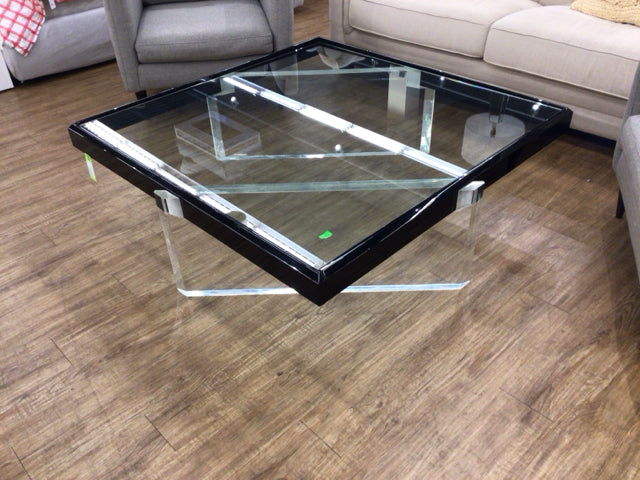 Modern Black Glass & Lucite Coffee Table - Stylish Living Room Centerpiece for Small Spaces & Contemporary Home Decor