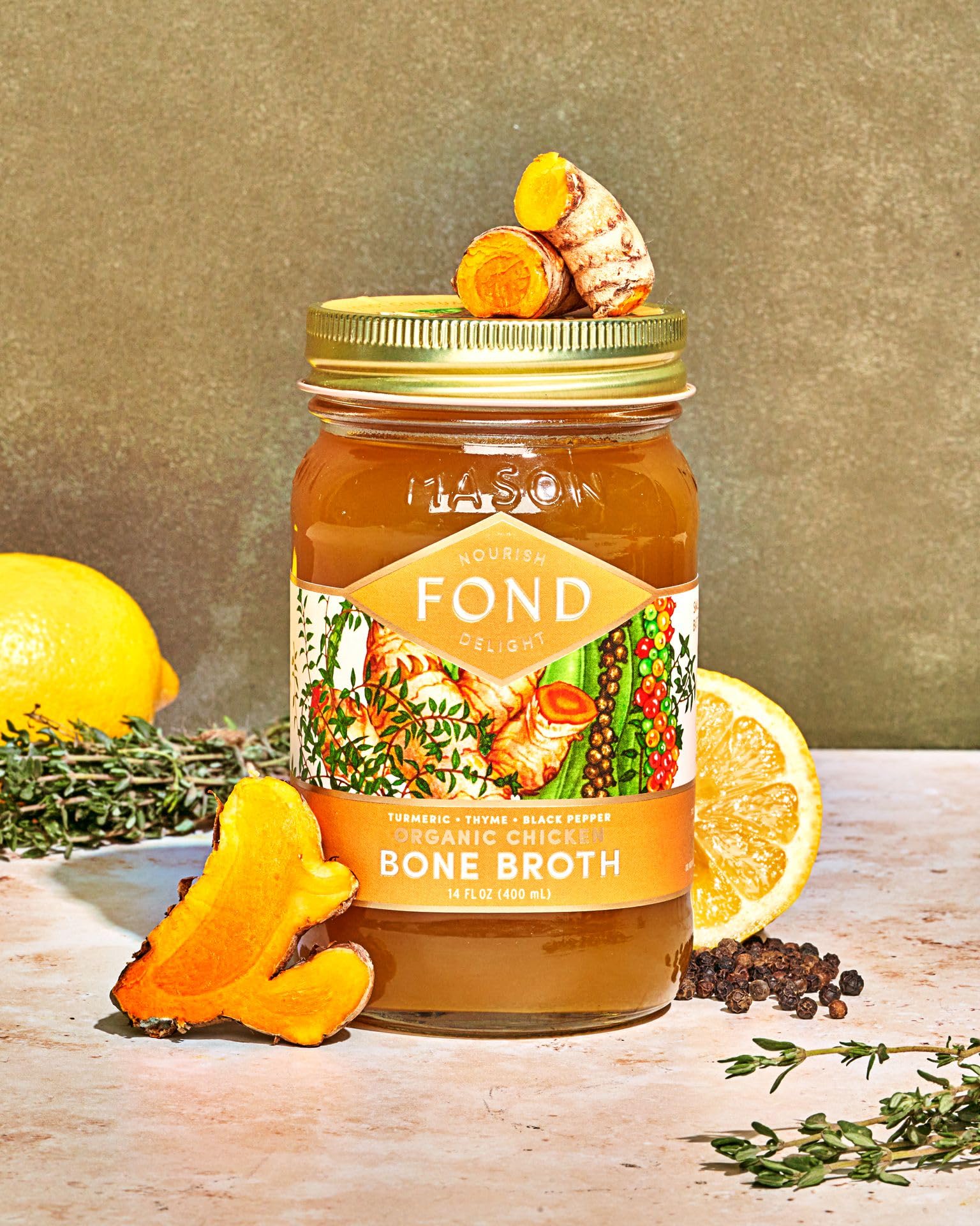 Organic Turmeric & Black Pepper Infused FOND Pasture-Raised Regenerative Chicken Bone Broth - Keto, Paleo & Immune Support for Soups, Cooking & Wellness