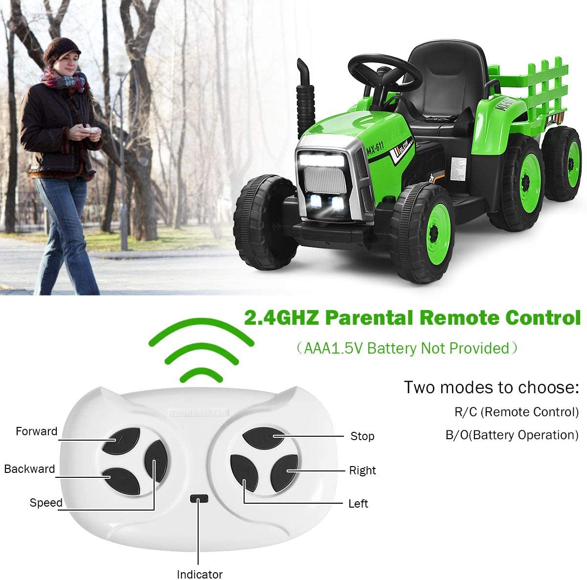 GLACER 12V Battery Powered Kids Ride on Tractor with Trailer - Remote Control Electric Toy Car for Toddlers, 3-Speed Gear Shift, LED Lights & Music - Green Ride-On Loader for Outdoor Play & Backyard Fun