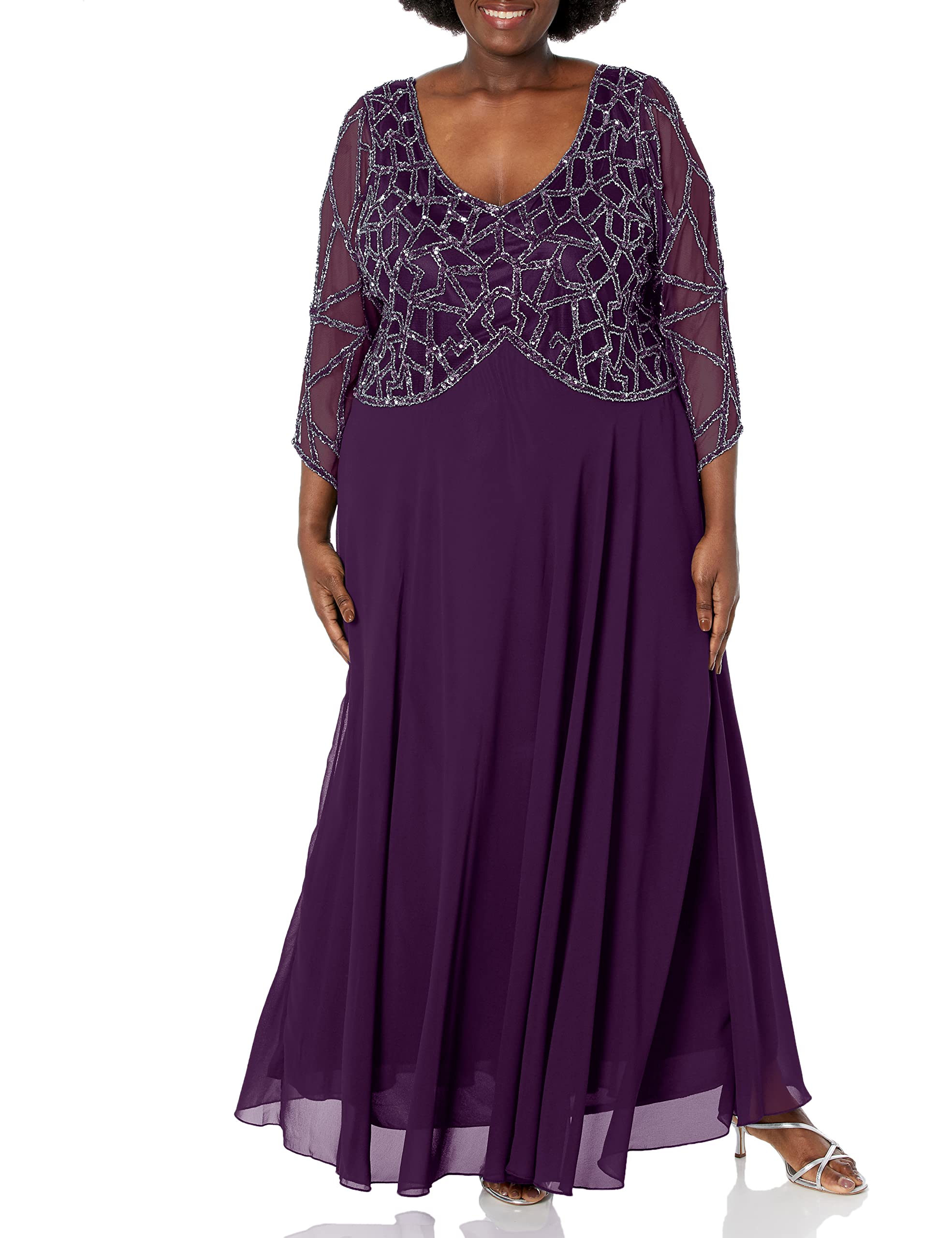 J Kara Women's Plus Size 3/4 Sleeve Geo Beaded Gown - Elegant Formal Dress for Weddings, Parties & Special Occasions