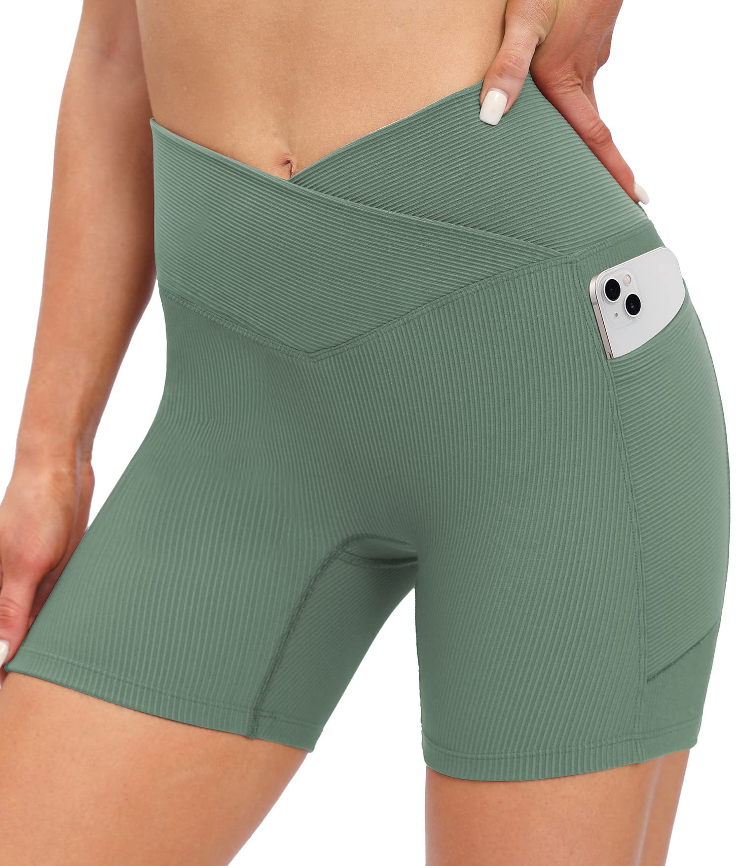 IUGA Women's High Waist Ribbed Biker Shorts - Tummy Control Cross Waist Spandex Workout Shorts with Pockets for Yoga, Running & Gym | Compression Activewear for Women