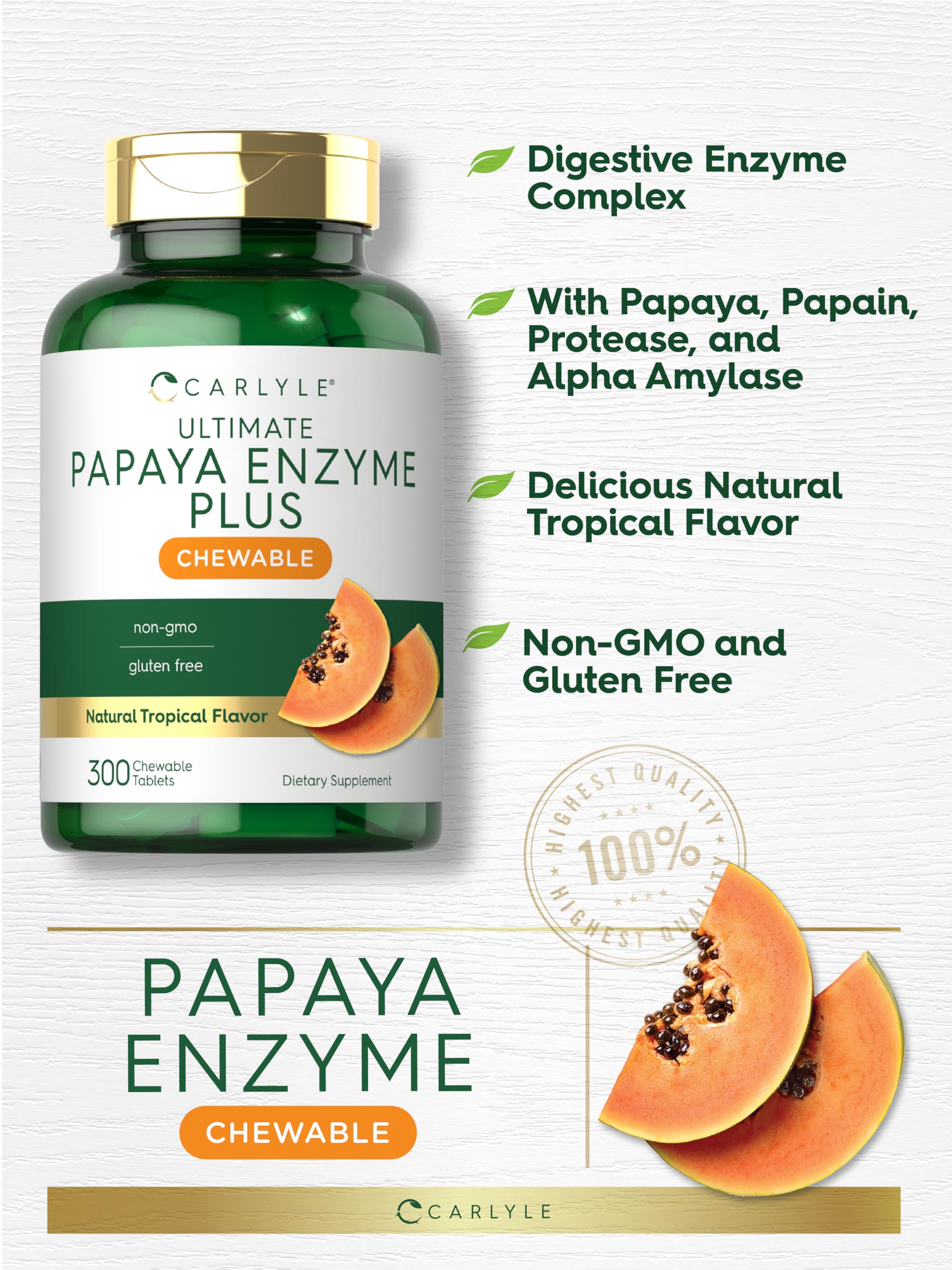Carlyle Papaya Enzyme Chewable Tablets 60 Count | Vegetarian, Non-GMO, Gluten Free Digestive Support | Tropical Fruit Flavor for Heartburn Relief & Bloating - Perfect for After Meals & Travel