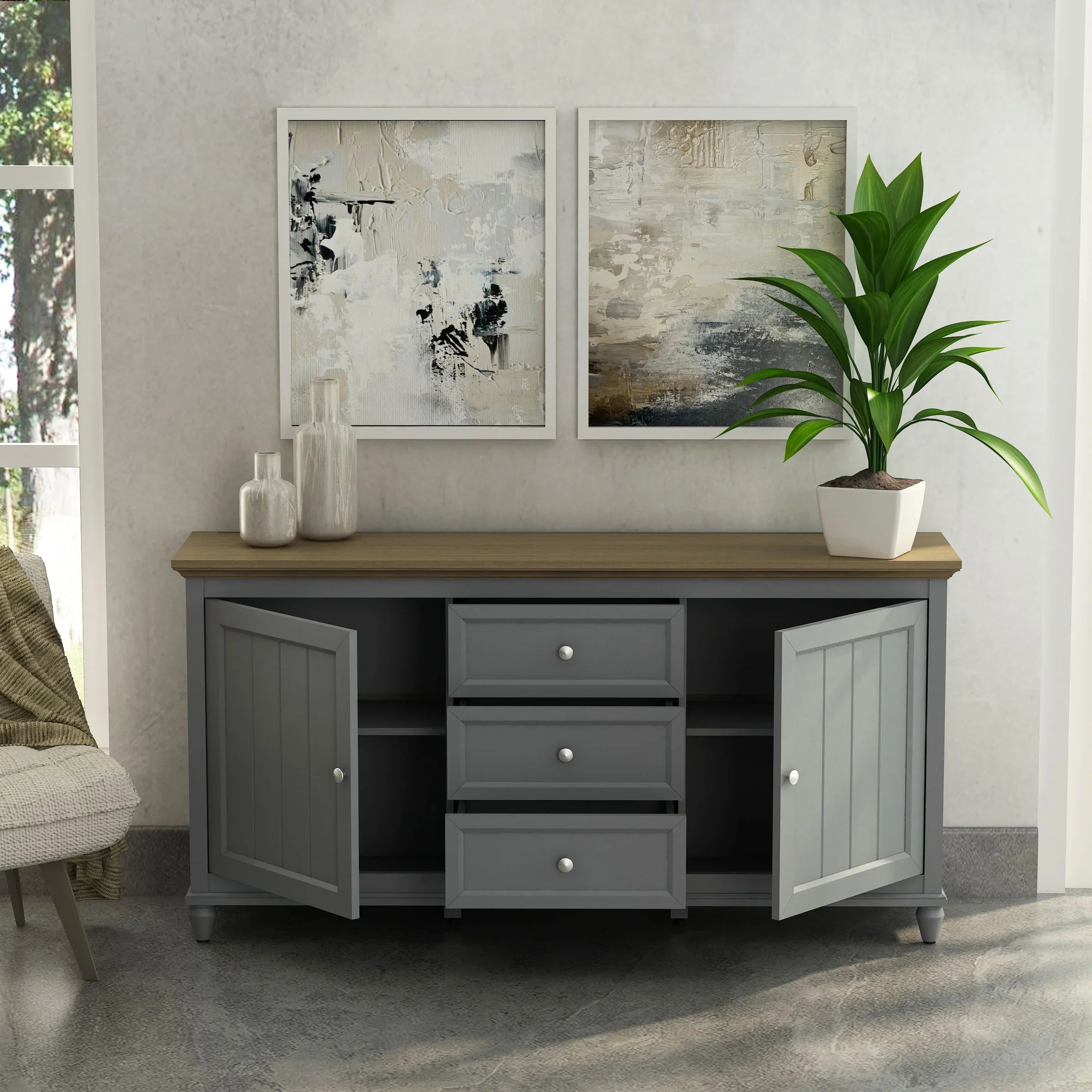 Anderson Teak Chenon Sideboard Grey/Brown - Solid Teak Wood Buffet Cabinet with 2 Drawers & 2 Doors - SB CG 6316 - Perfect for Dining Room Storage & Living Room Organization