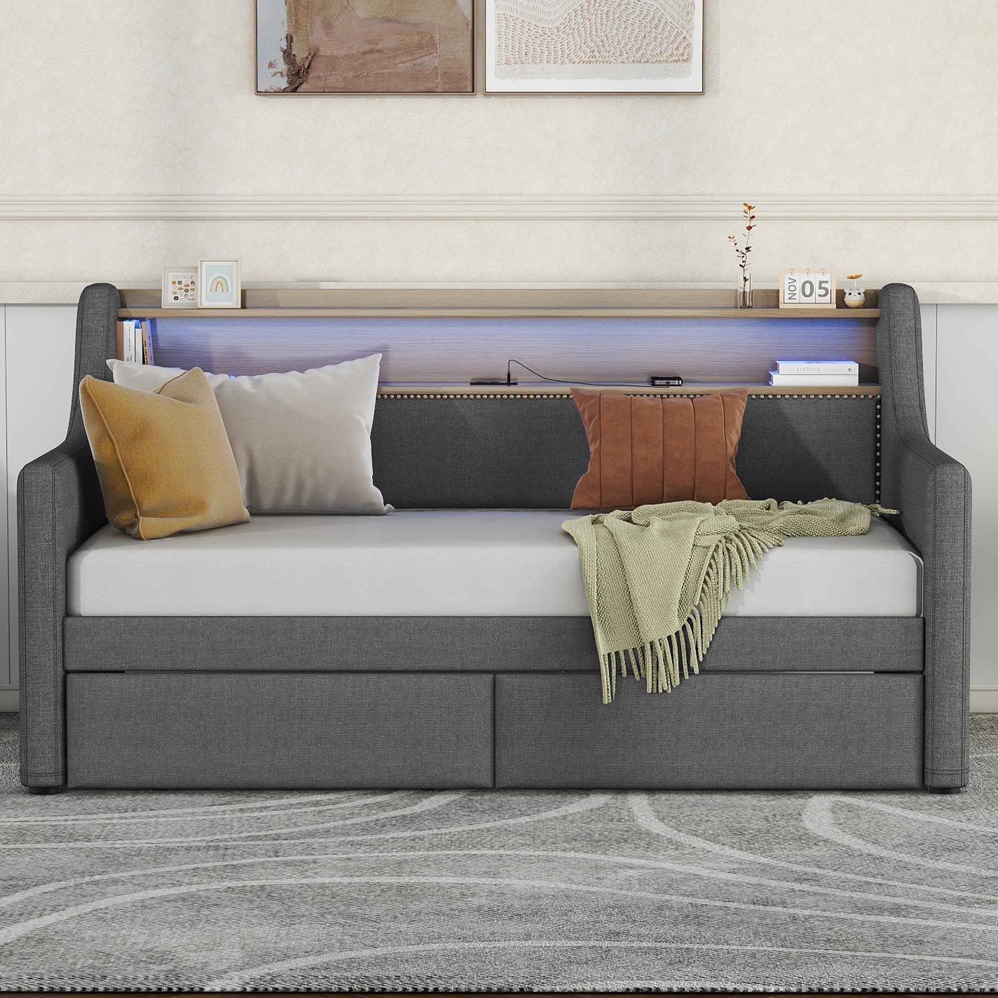 LUSPAZ Twin Size PU Leather Upholstered Daybed with 2 Storage Drawers & LED USB Headboard - Modern Sofa Bed with Wooden Slats, Easy Assembly No Box Spring Needed - Perfect for Small Spaces, Guest Rooms, Apartments & Dorm Rooms (Gray)